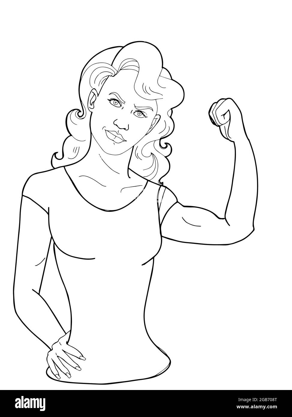Cartoon Pop Art , starke Frau, Charaktere , starke Arme Hälfte Körper Linie Zeichnung Stockfoto