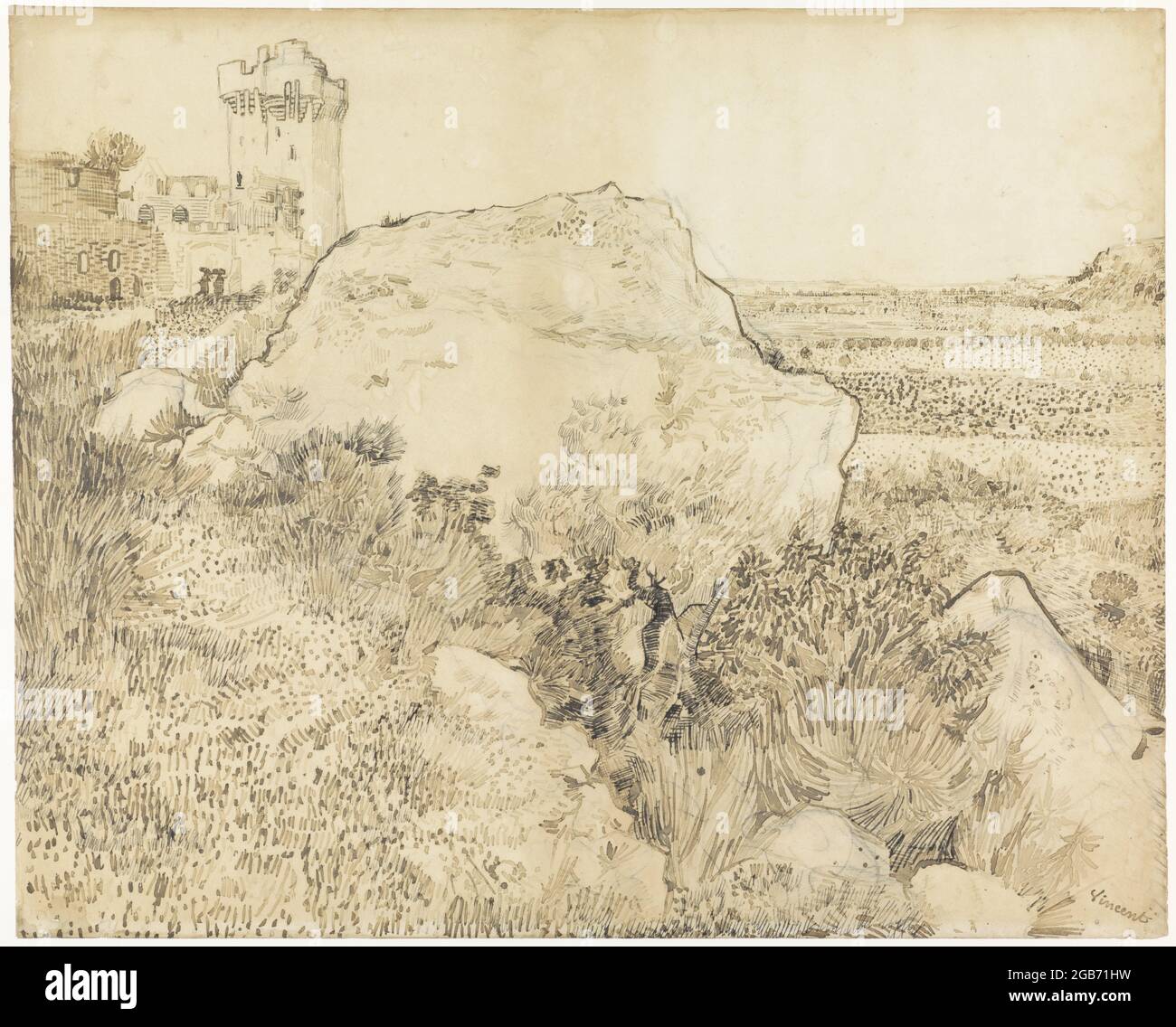 Titel: Landschaft in der Abtei von Montmajour in Arles Ersteller: Vincent van Gogh Datum: 1888 Medium: Stift auf Papier Abmessungen: 483 × 598 mm Ort: Rijksmuseum Amsterdam Stockfoto