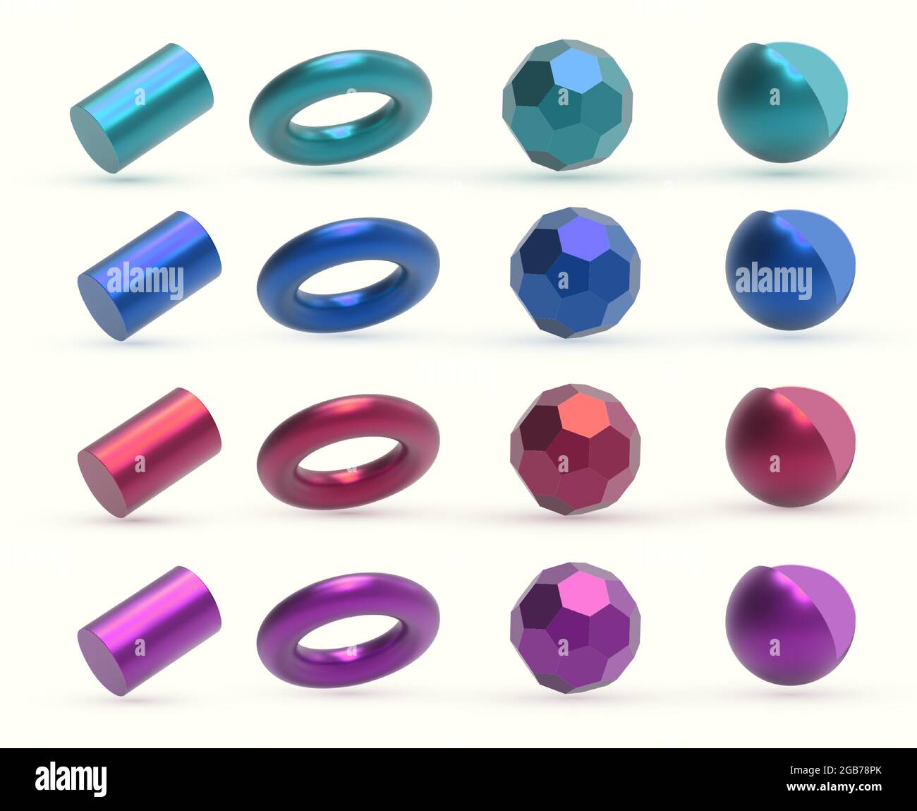 Realistische 3D bunte Metall geometrische Formen Objekte. Realistische Geometrieelemente isoliert auf weißem Hintergrund mit metallischem Farbverlauf. Stock Vektor