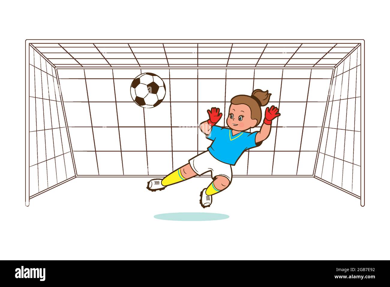 Mädchen Fußballspielerin, Torhüterin, fängt den Ball im Fußballtor. Vektor-Illustration im Cartoon-Stil, Comic flach Stock Vektor