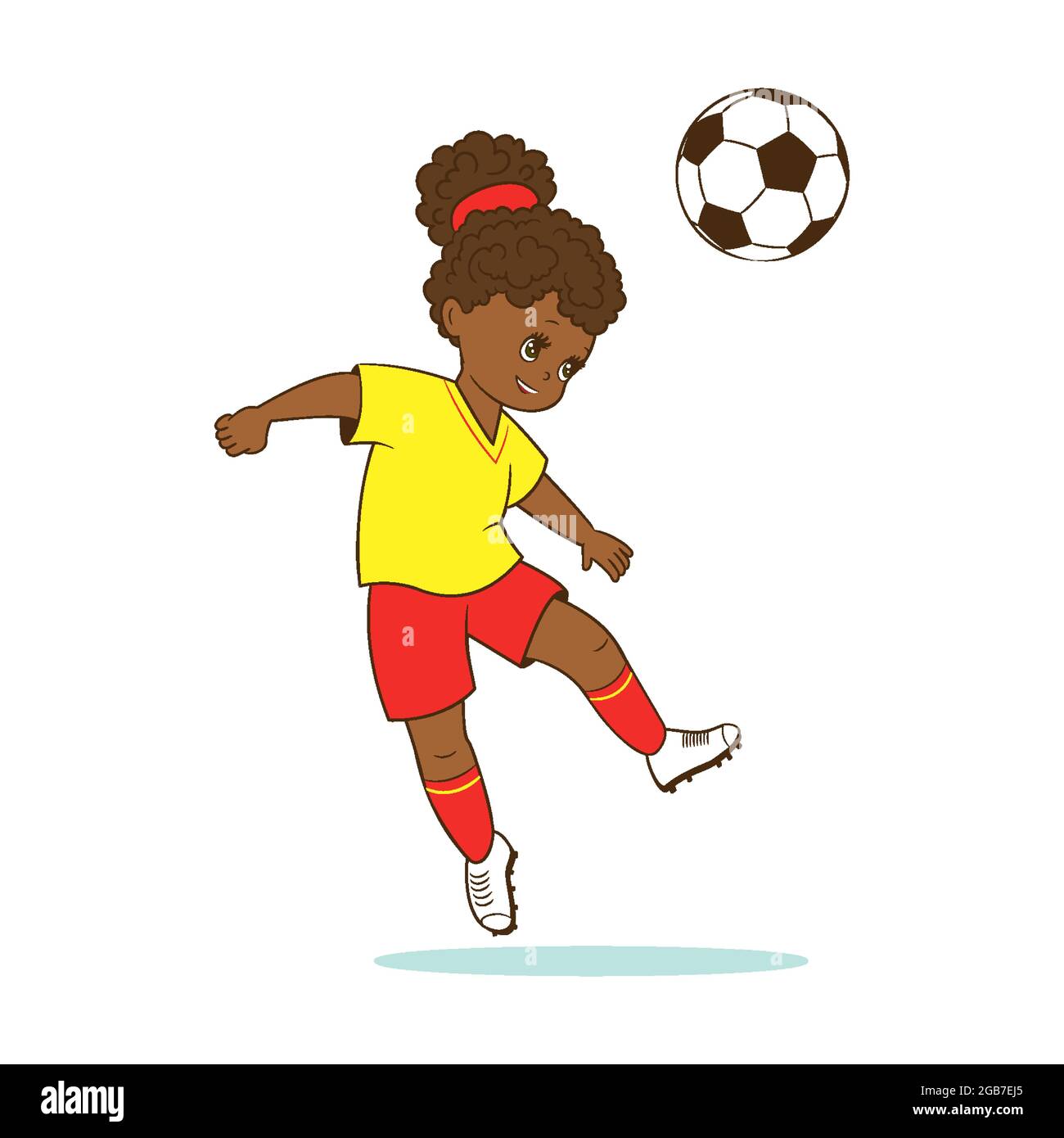 Die Fußballspielerin schlägt den Fußball mit dem Kopf. Vektor-Illustration im Cartoon-Stil, Comic flach Stock Vektor