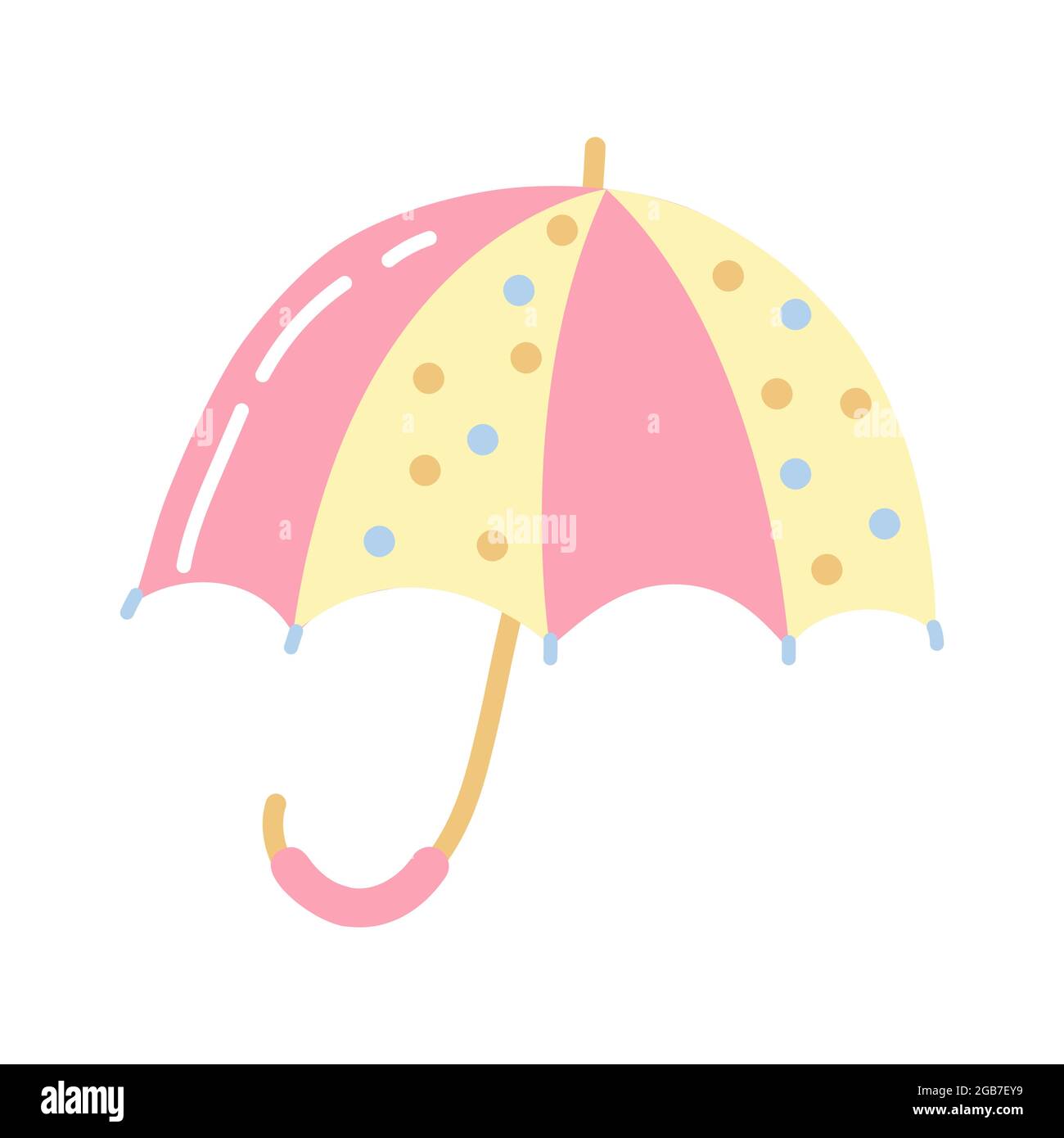 Cartoon rosa mit gelben Regenschirm aus dem Regen. Niedliche kindliche Cliparts. Kinderdruck für Babykleidung, Album oder Zimmerdekoration. Stock Vektor