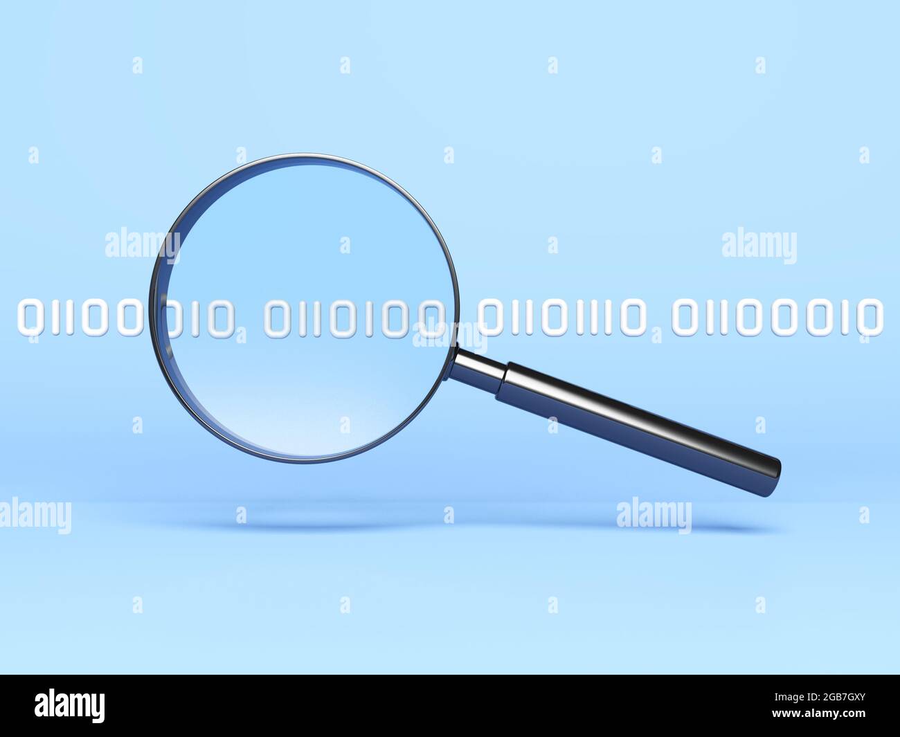 Binärcode und Lupe. Blaue Farbe. Suche Läuft. 3d-Illustration. Stockfoto