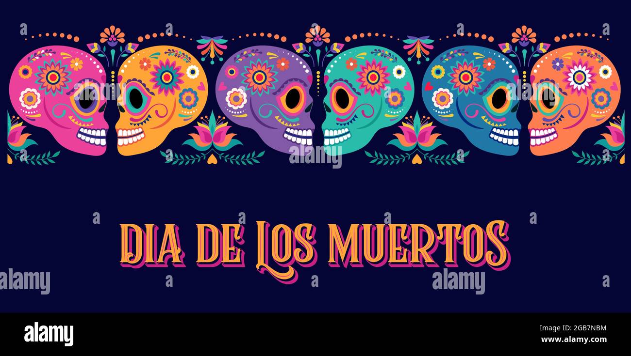 Tag der Toten, Dia de los muertos, Banner mit bunten mexikanischen Blumen. Fiesta, Halloween Urlaubsposter, Partyflyer, lustige Grußkarte Stock Vektor