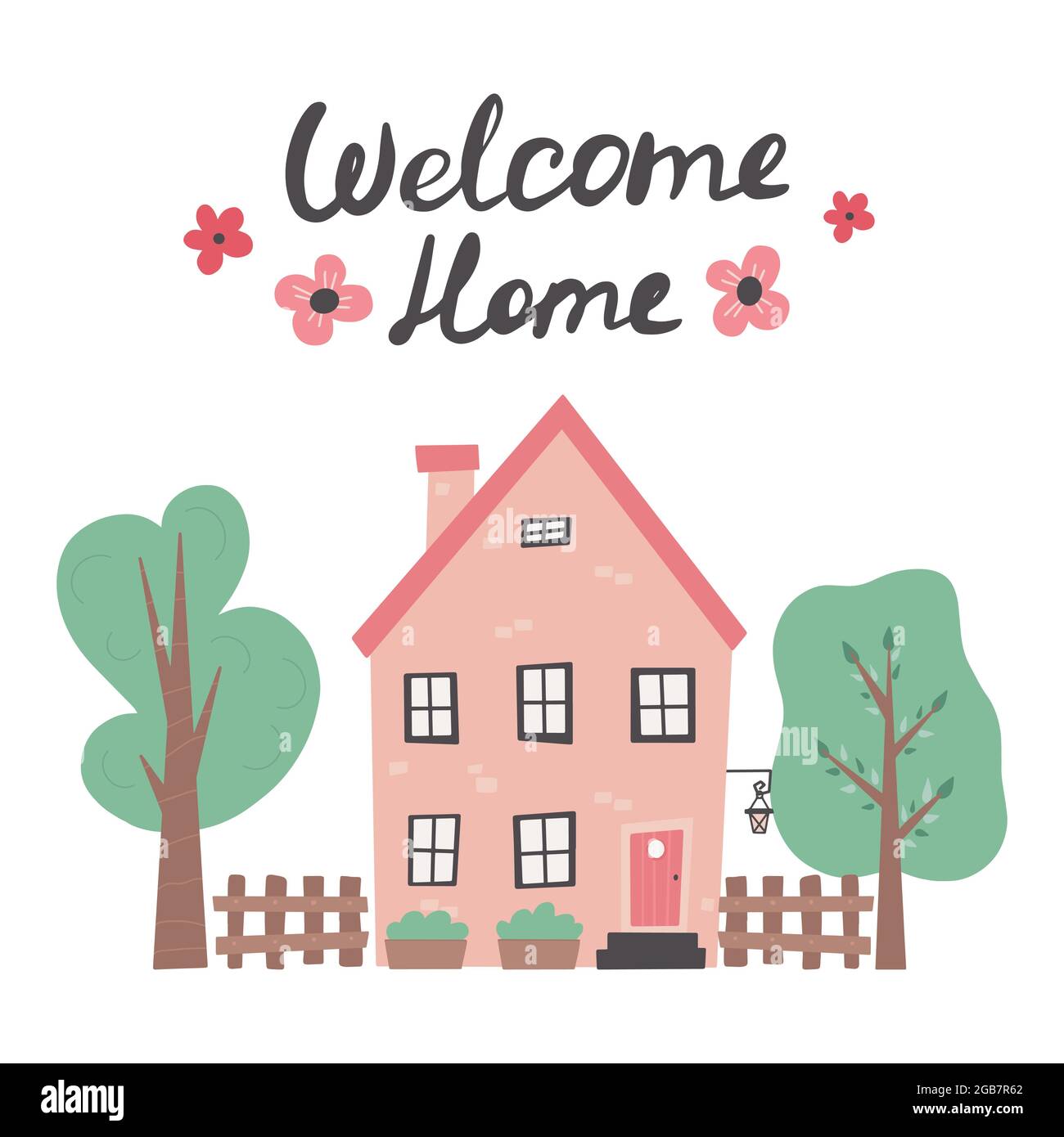 Welcom Home-Schriftzug mit niedlichem, handgezeichneter Trendillustration Stock Vektor