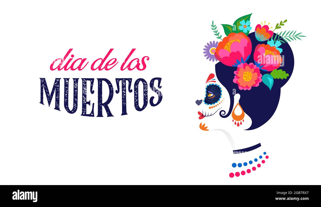 Dia de los muertos, Tag der Toten, mexikanischer Feiertag, Fest. Poster, Banner und Karte mit Zuckerschädel, Frau mit Blumenkrone Stock Vektor