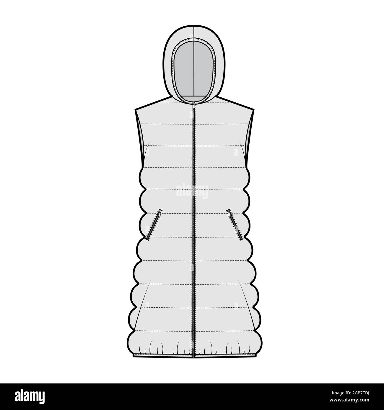 Daunenweste Kugelweste technische Mode-Illustration mit Kapuzenkragen, Reißverschluss, lockerer Body, klassischer Steppung. Flache Schablone vorne, graue Farbgebung. Frauen, Männer, Unisex TOP CAD Mockup Stock Vektor