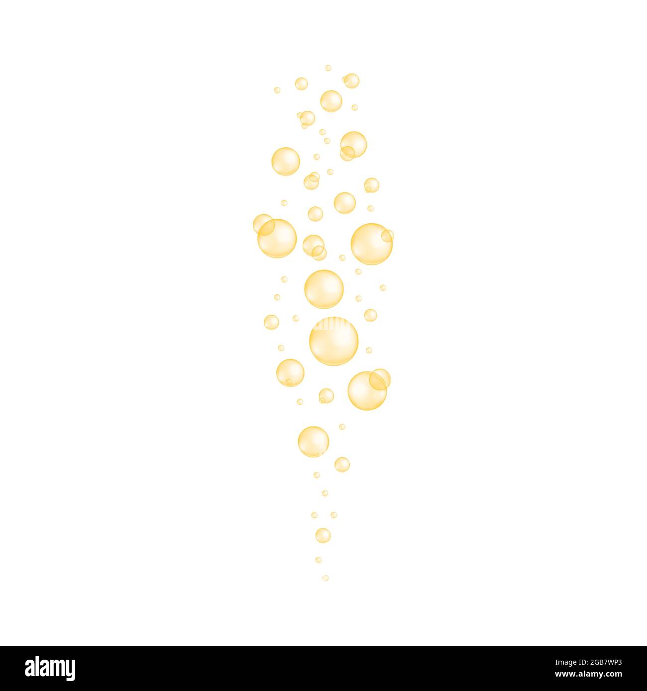 Goldene Blasen strömen. Kohlensäurehaltiges Getränk, Limonade, Champagner, Seltzertextur. Glänzende Kugeln aus Kollagen, Serum, Jojoba-Kosmetiköl, Vitamin A oder E, Omega-Fettsäuren. Vektor-realistische Darstellung Stock Vektor