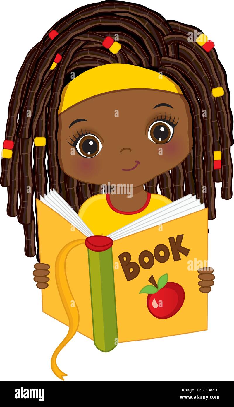 Cute African American Girl Lesebuch. Vektor kleines Mädchen mit Buch Stock Vektor