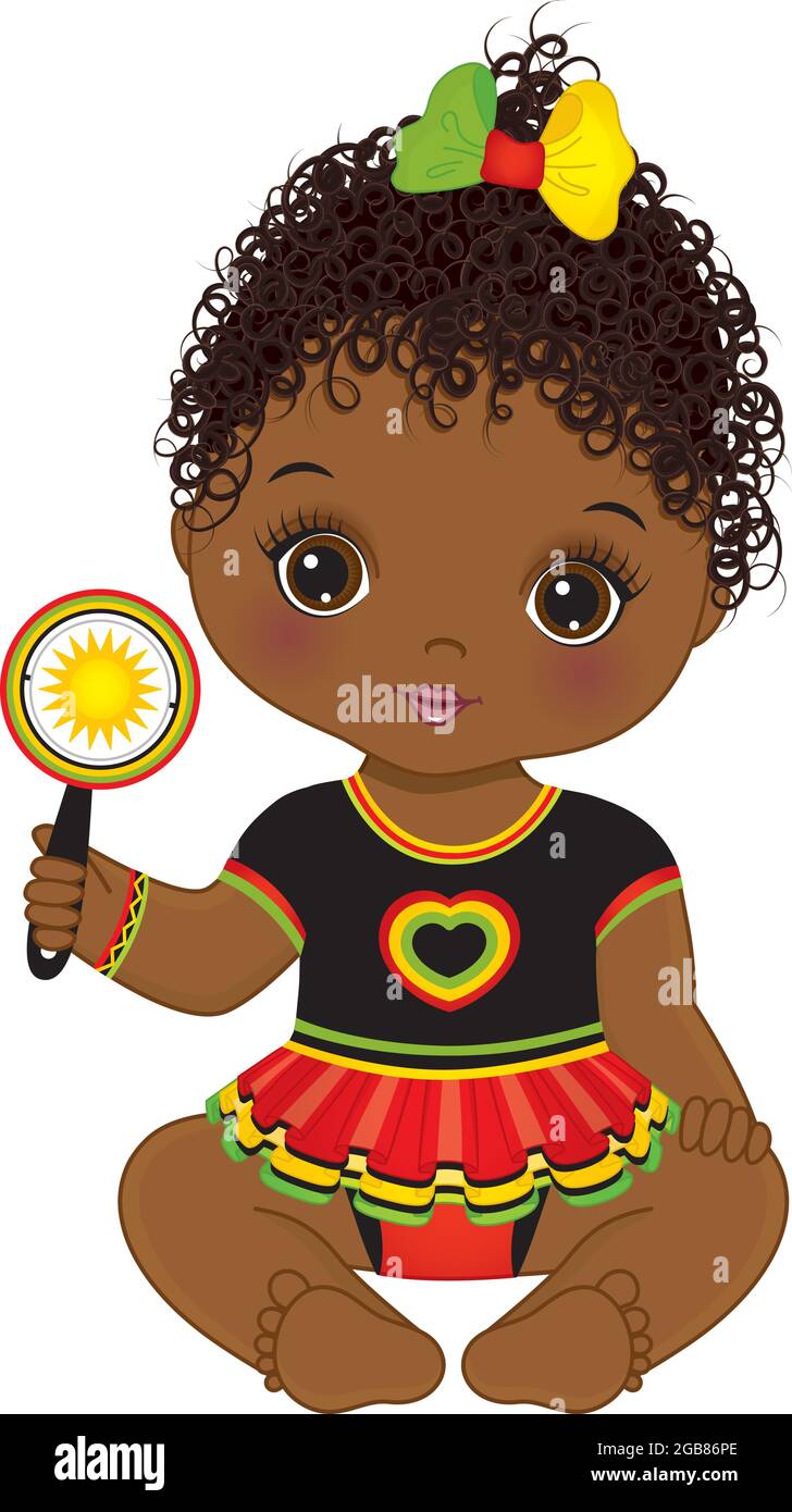 Reggae African American Baby Girl Holding Rattle. Vector Reggae Baby Girl Stock Vektor