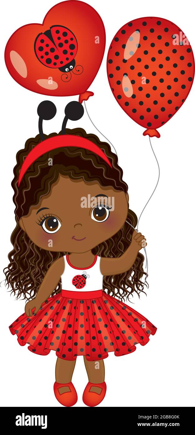 Vektor Cute Black Girl trägt Marienkäfer Antenne Stirnband und halten Luftballons Stock Vektor