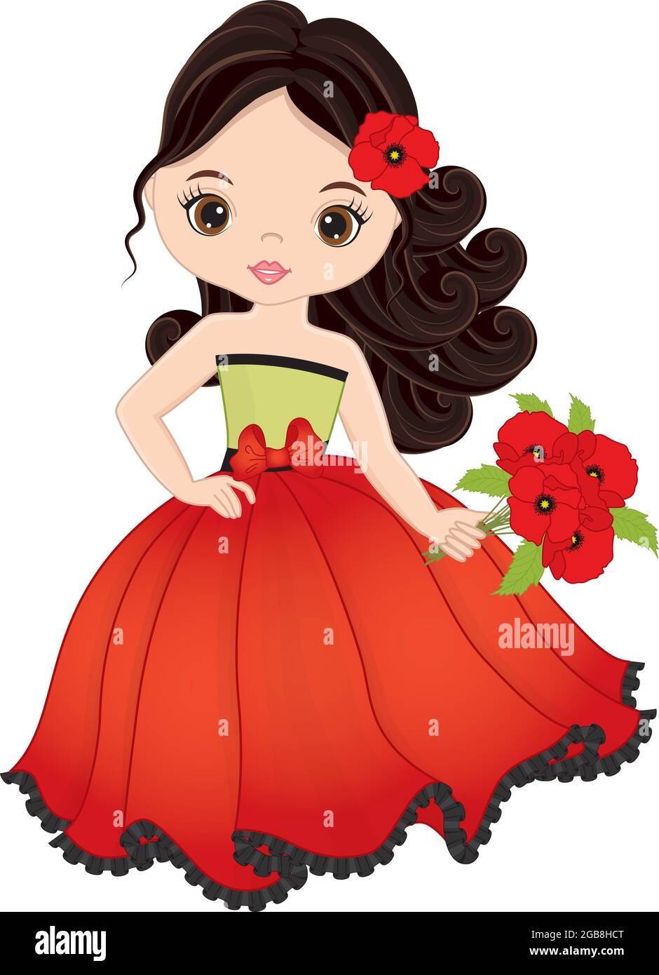 Schönes Mädchen trägt rotes Kleid mit Mohnblumen. Vector Mädchen mit Mohnblumen Stock Vektor