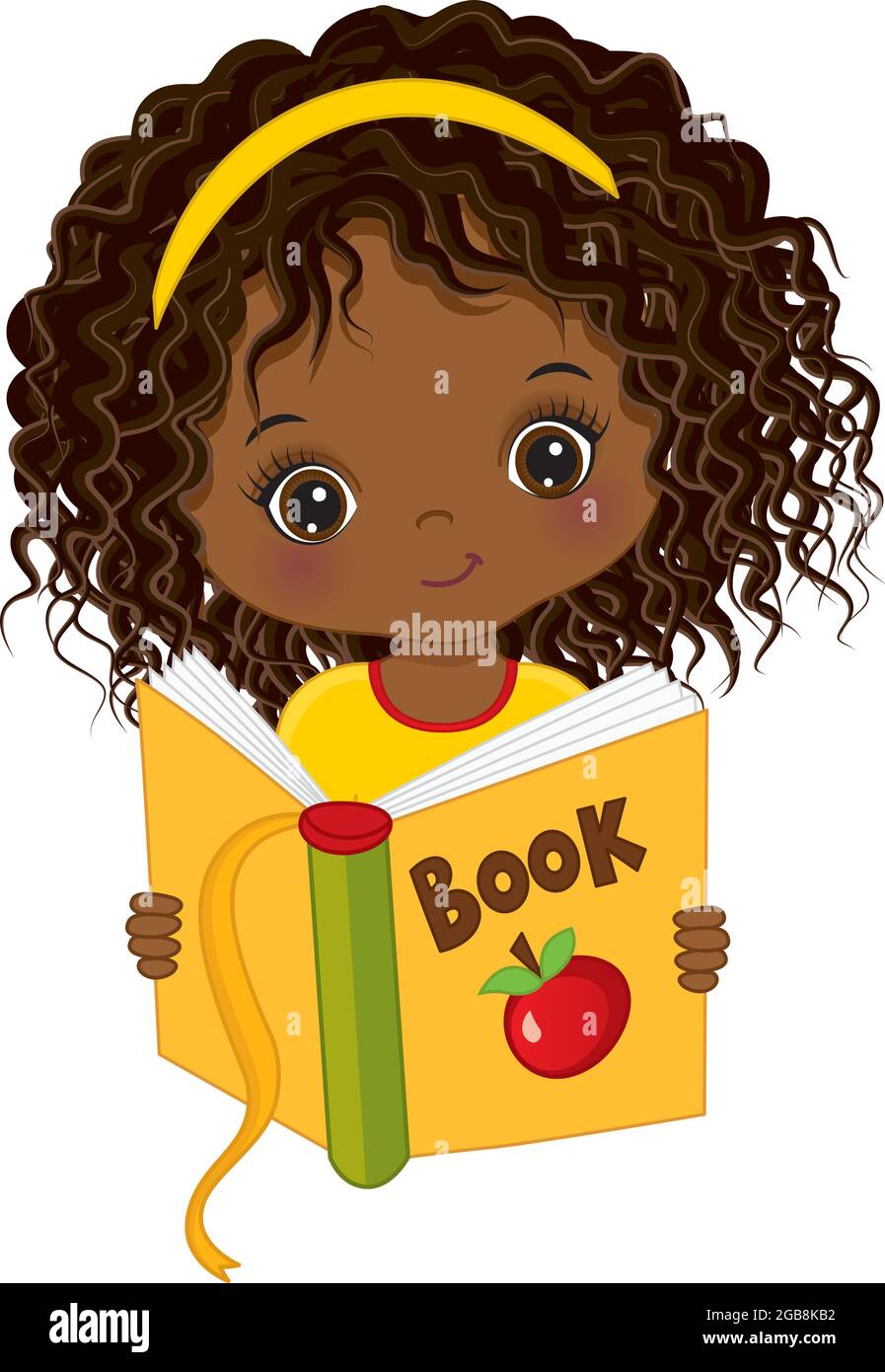 Cute African American Girl Lesebuch. Vektor kleines Mädchen mit Buch Stock Vektor