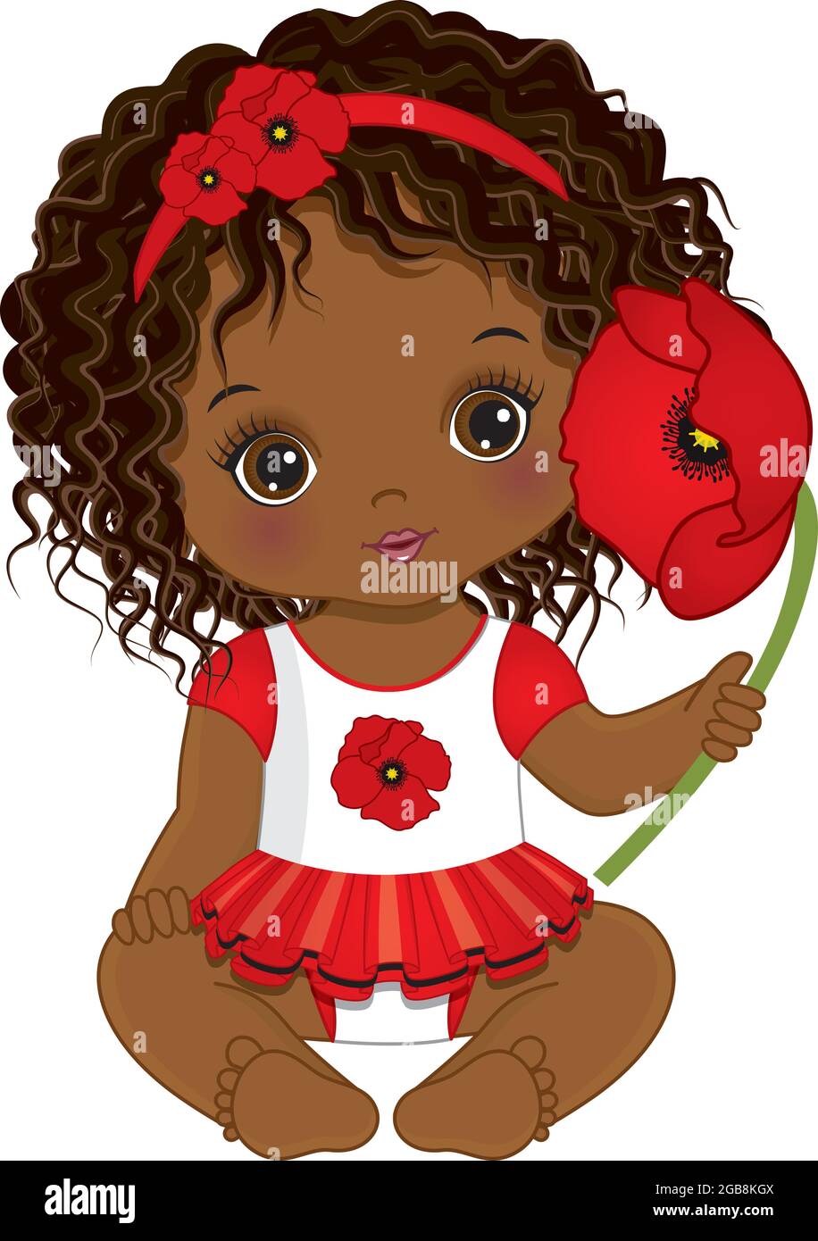 Cute African American Baby Girl Holding Poppy. Vektor Baby Mädchen mit Mohn Stock Vektor