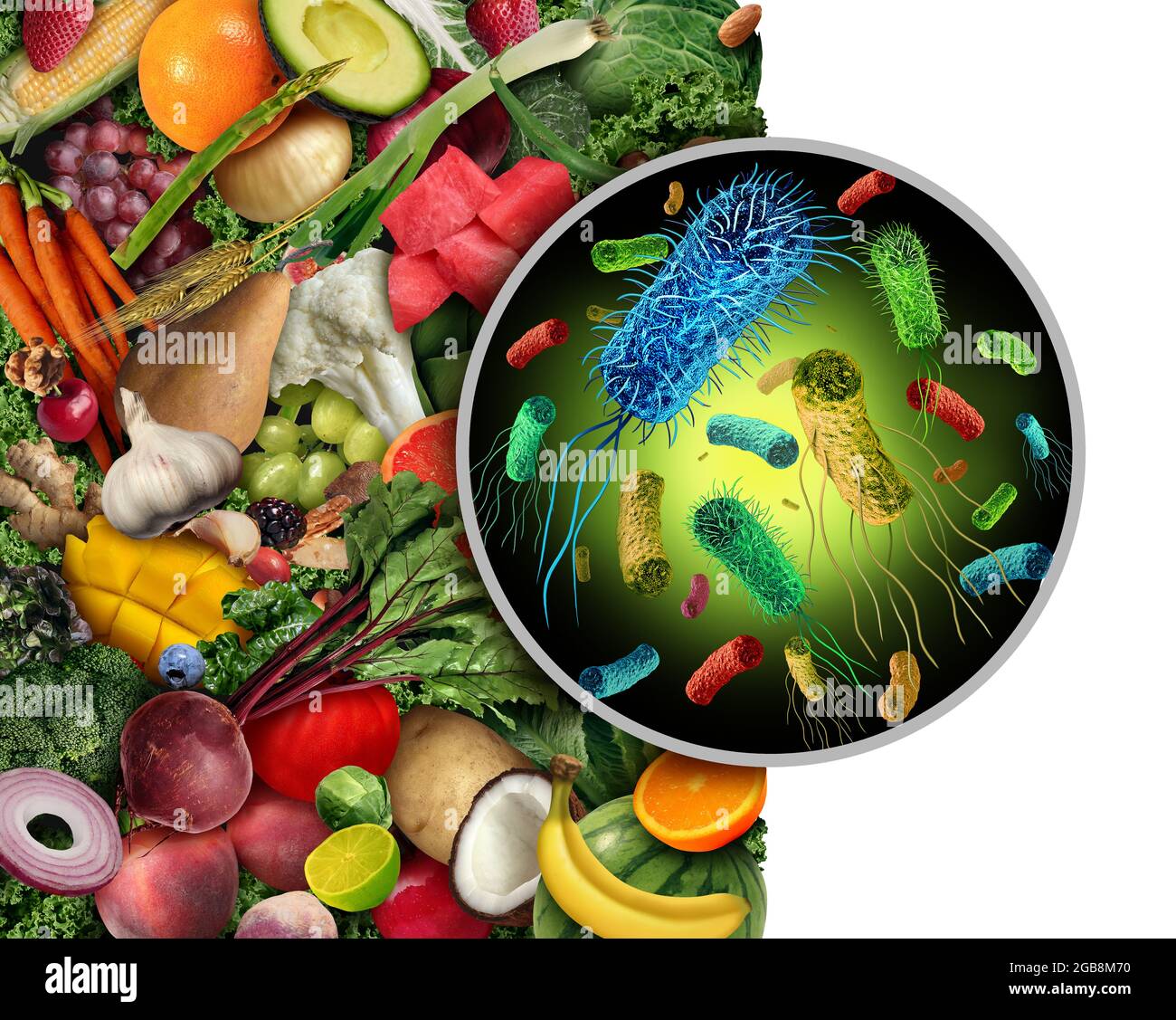 Kontaminiertes Obst und Gemüse als infektiöse Bakterien und ansteckende Keime wie Salmonella Listeria auf produzieren und essen bakterielle Kontaminanten. Stockfoto