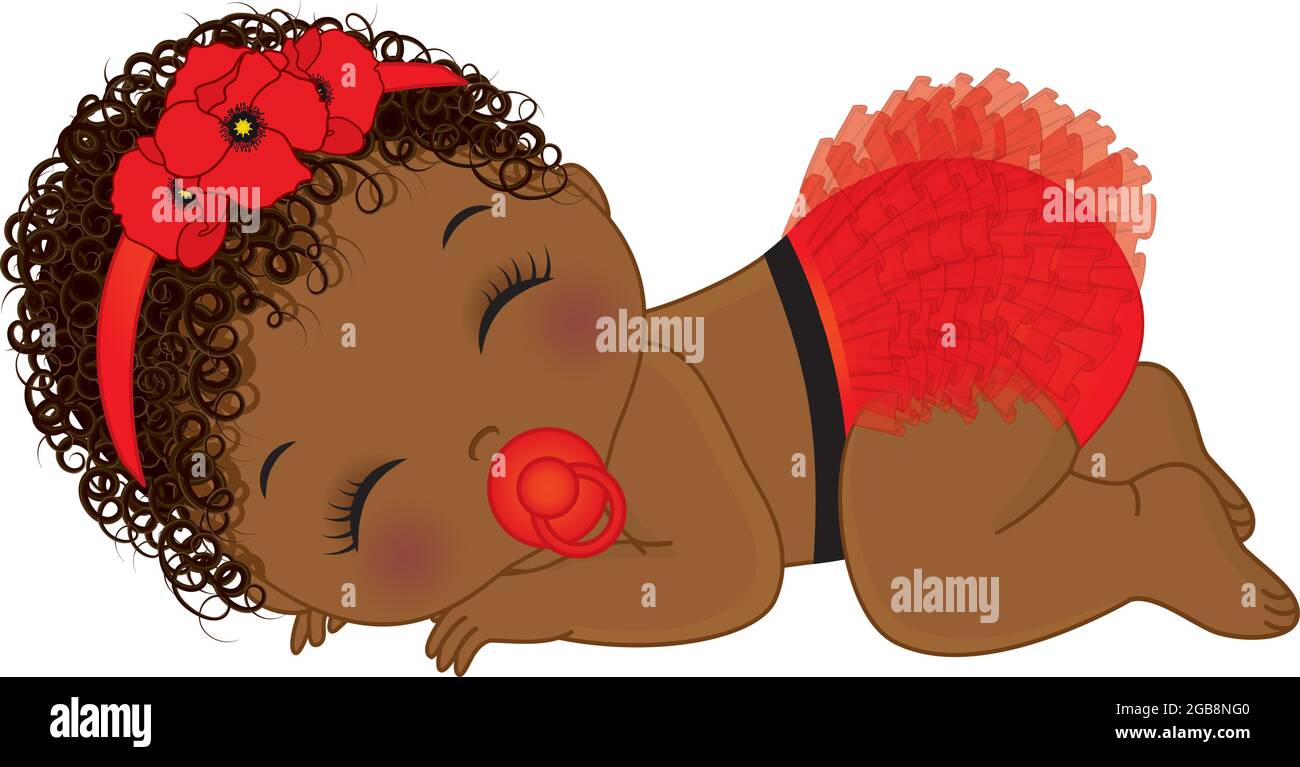 African American Baby Girl trägt das Stirnband mit Blumenmohn und die gekräuselte Windel. Vektor Schwarz Baby Mädchen mit Schnuller Stock Vektor