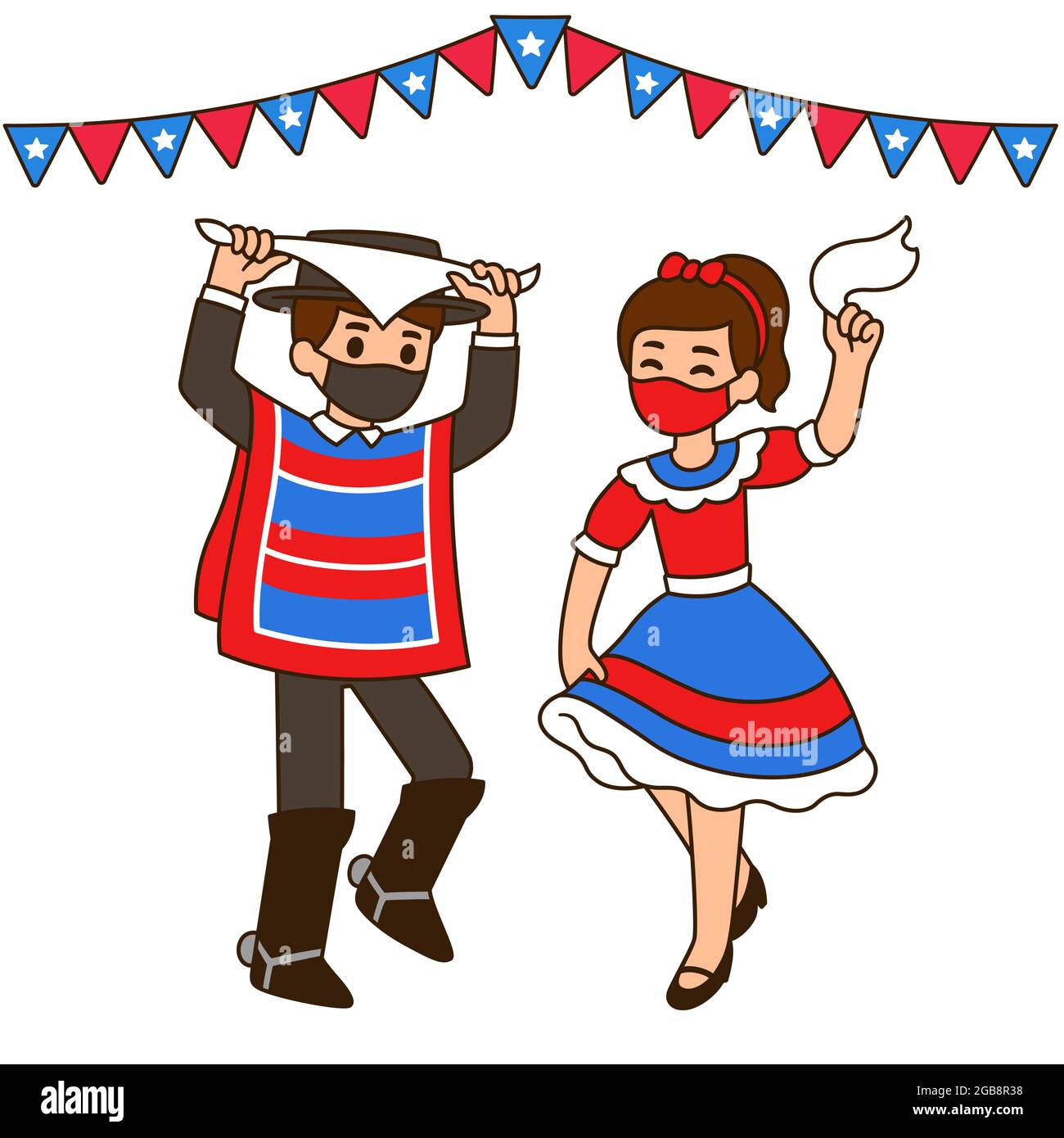 Fiestas Patrias 2021, chilenischer Nationalfeiertag. Nette Cartoon Kinder tanzen Cueca in Gesichtsmasken aufgrund Covid. Vektorgrafik. Stock Vektor