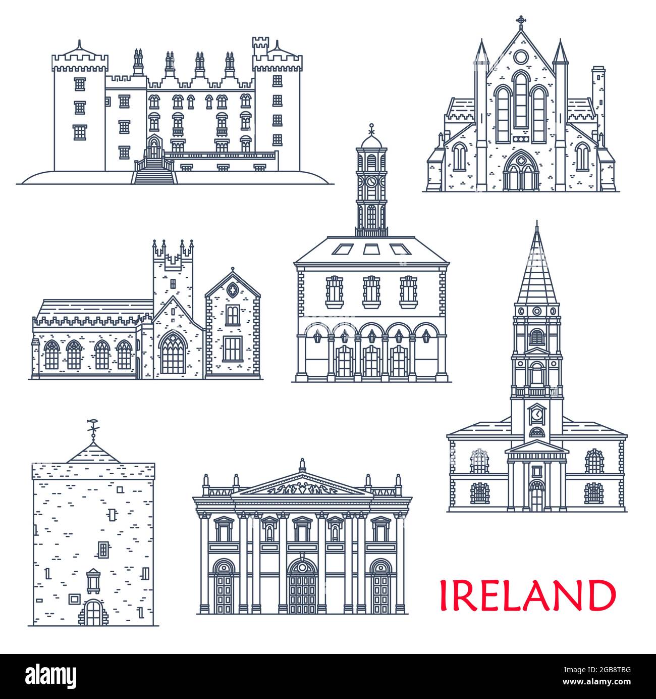 Wahrzeichen und Gebäude der irischen Architektur, Vektor-Ikonen für Reisen. Munster Saint Trinity Kirche, St Canice Kathedrale, Black Abbey und Kilk Stock Vektor