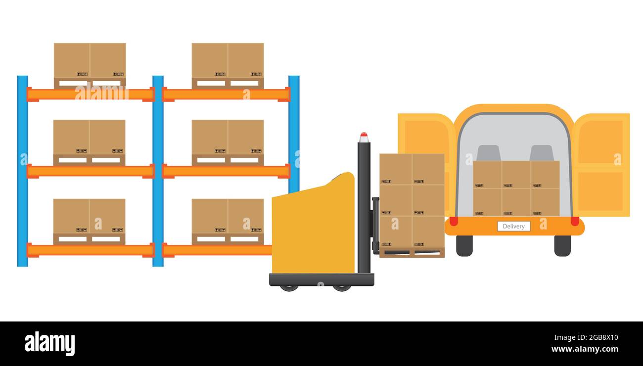 AGV automatisierte geführte Fahrzeuge Staplerverladung von Waren zum Lieferwagen. Vektor- und Illustrationsdesign. Stock Vektor