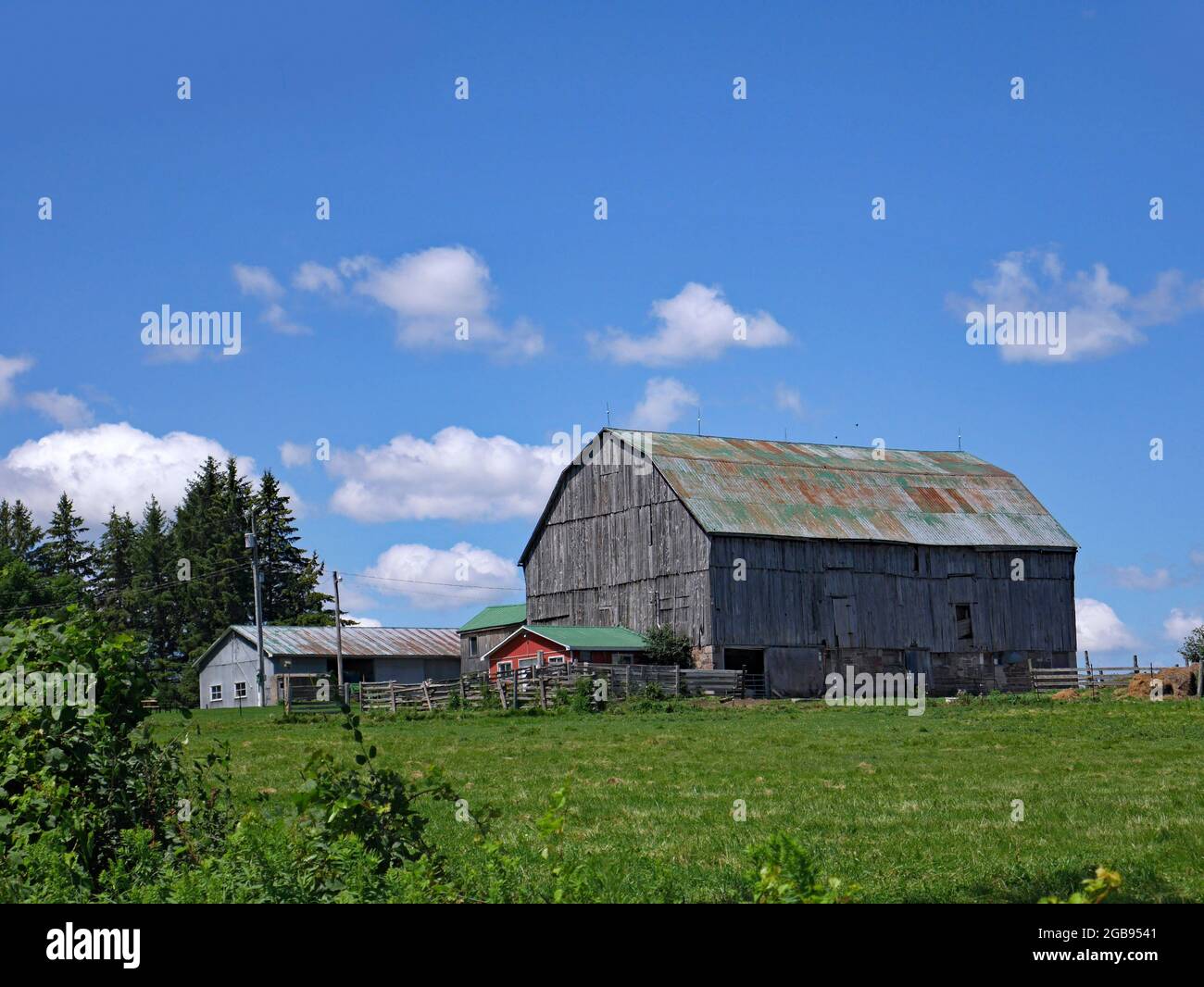 Alte Holzscheune auf einem Bauernhof an einem sonnigen Sommertag Stockfoto