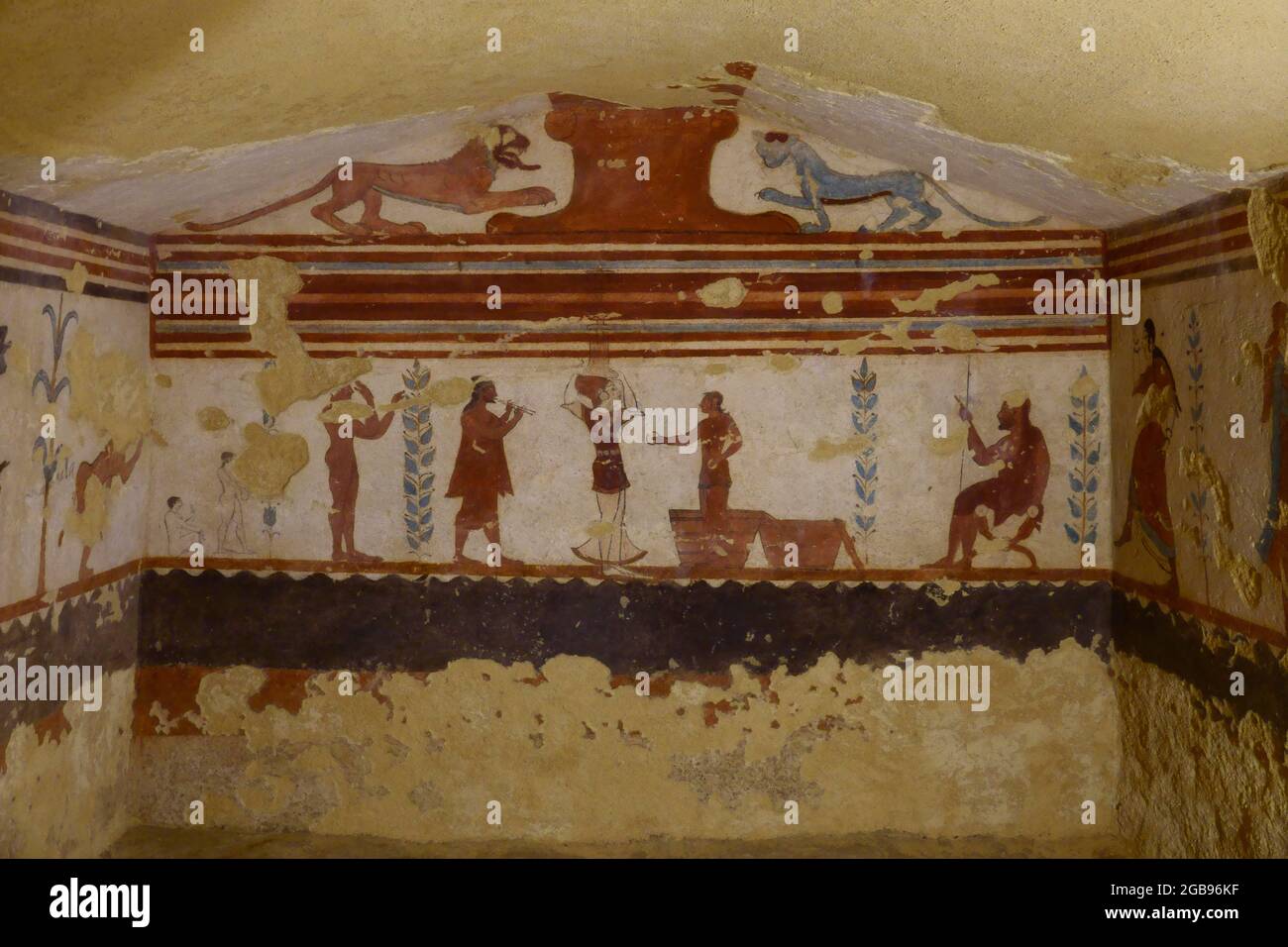 Tomba dei Giocolieri Grab der Jongleure oder Grab der Jongleure mit Fresken aus dem 6. Jahrhundert v. Chr., etruskische Nekropole Monterozzi, Tarquinia Stockfoto