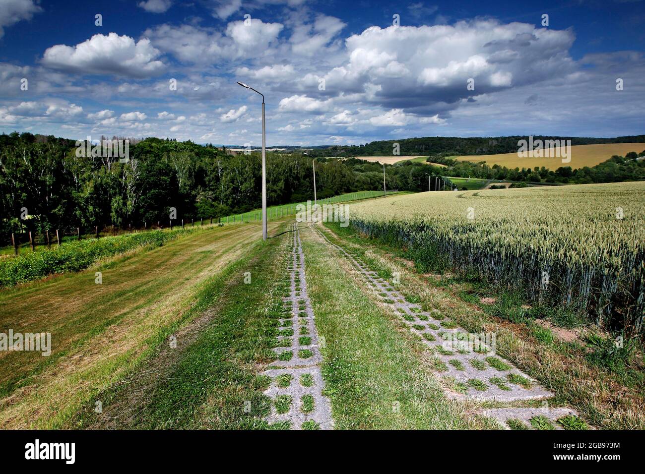 Grenzbefestigung mit Kolonnenweg, Lochplattenweg, K6, Kontrollstreifen, Spurensicherungsstreifen, Geharkt, innerdeutsche Grenzbefestigung Stockfoto