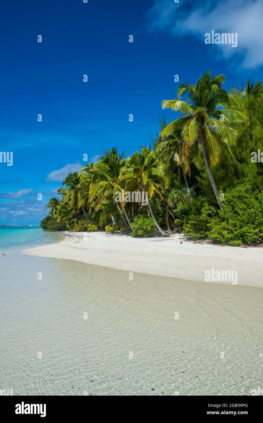 Weiße Sandbank im türkisfarbenen Wasser der Lagune von Aitutaki, Rarotonga und der Cook-Inseln Stockfoto