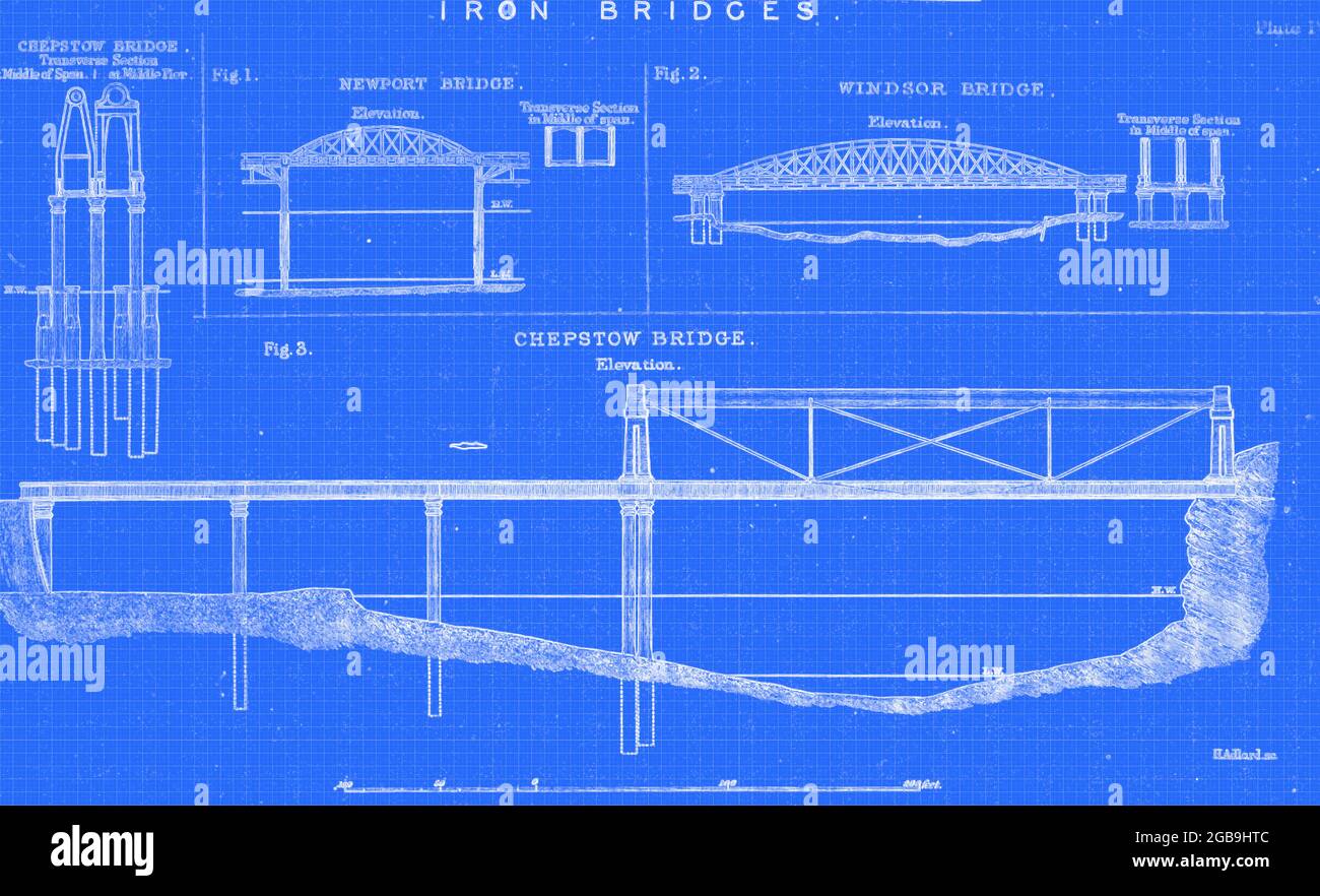 Iron Bridge Design aus dem Buch das Leben des Isambard Kingdom Brunel, Bauingenieur. Von Isambard Brunel Veröffentlicht in London von Longmans, Green in 1870. Isambard Kingdom Brunel FRS MInstCE (9. April 1806 – 15. September 1859) war ein englischer Bauingenieur, der als "eine der genialsten und produktivsten Persönlichkeiten der Ingenieurgeschichte", "einer der Ingenieurgiganten des 19. Jahrhunderts" und "eine der größten Persönlichkeiten der industriellen Revolution, [Wer] veränderte das Gesicht der englischen Landschaft mit seinen bahnbrechenden Entwürfen und genialen Konstruktionen.“ Brunel baute Werften, die Great Wes Stockfoto