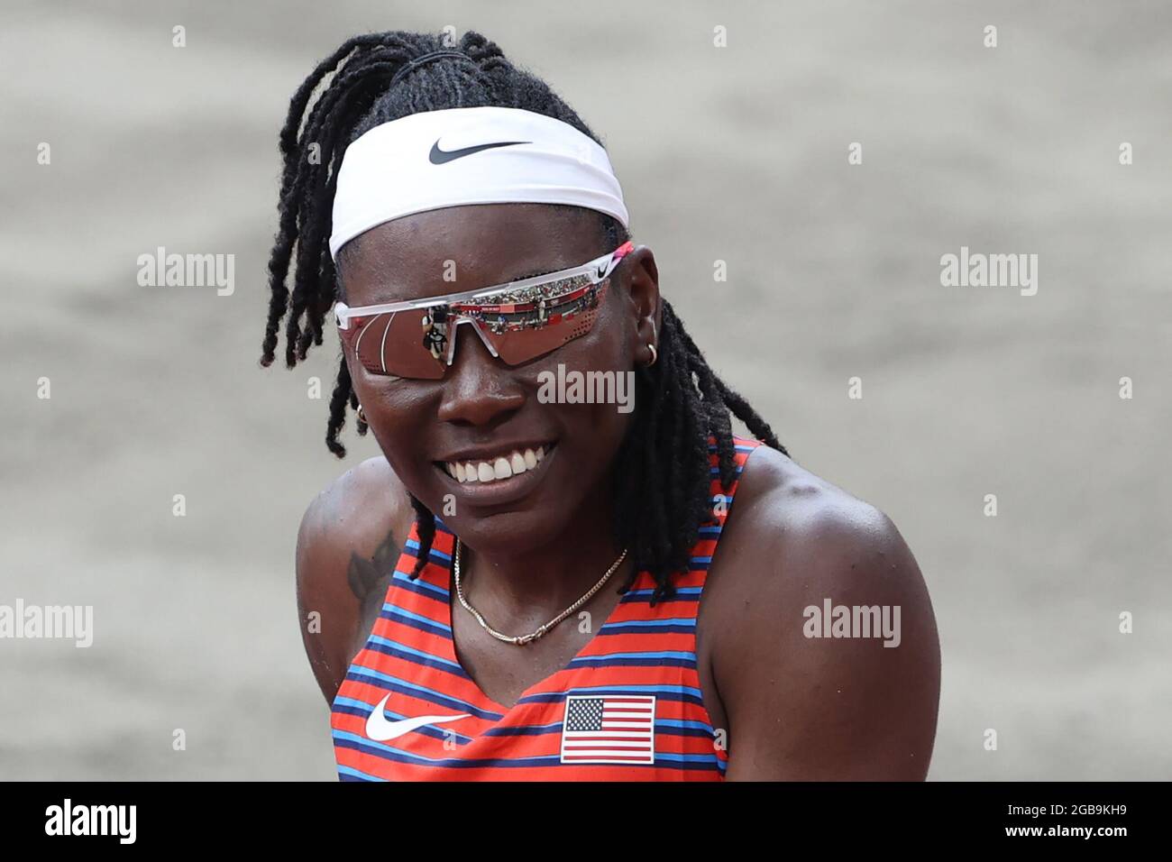 Tokio, Japan. August 2021. Leichtathletik: Olympische Spiele, Weitsprung, Frauen, Finale im Olympiastadion. Brittney Reese aus den USA reagiert. Quelle: Oliver Weiken/dpa/Alamy Live News Stockfoto