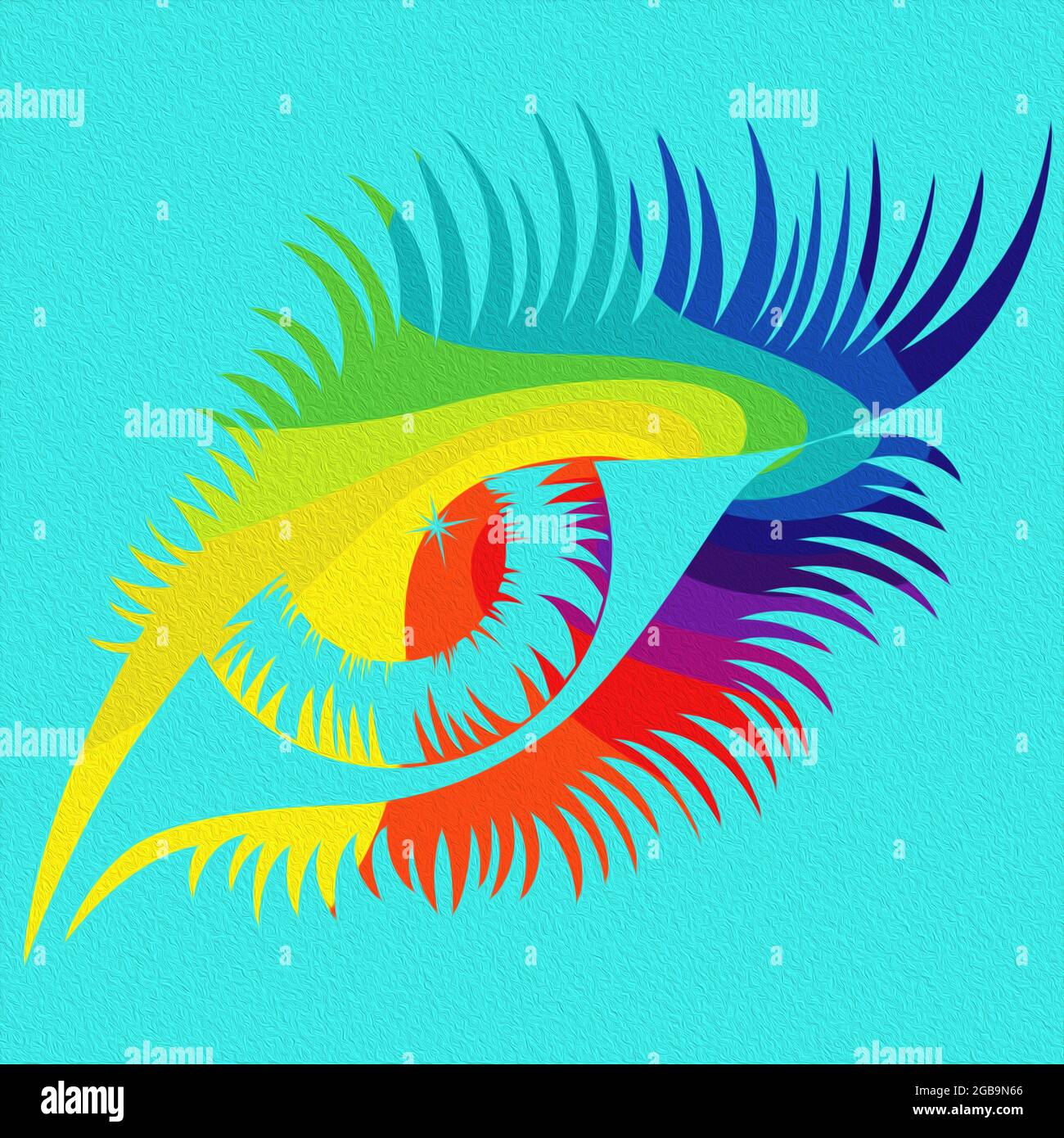 Menschliches Auge in Spektralfarben Nahaufnahme isoliert auf dem blauen Hintergrund, farbenfrohe Illustration Stockfoto