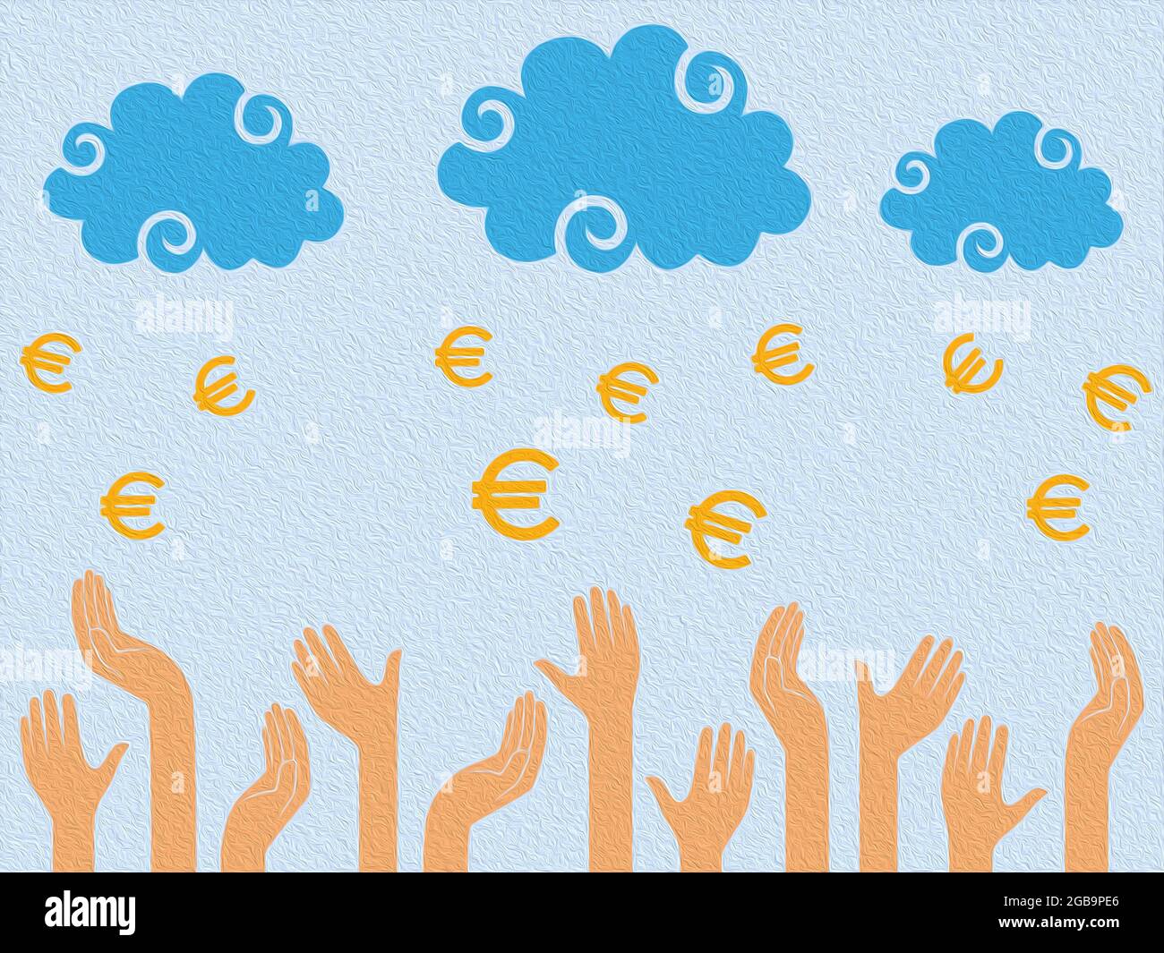 Euro-Geld fällt aus den Wolken in den menschlichen Händen, stilisierte konzeptuelle bunte Illustration Stockfoto