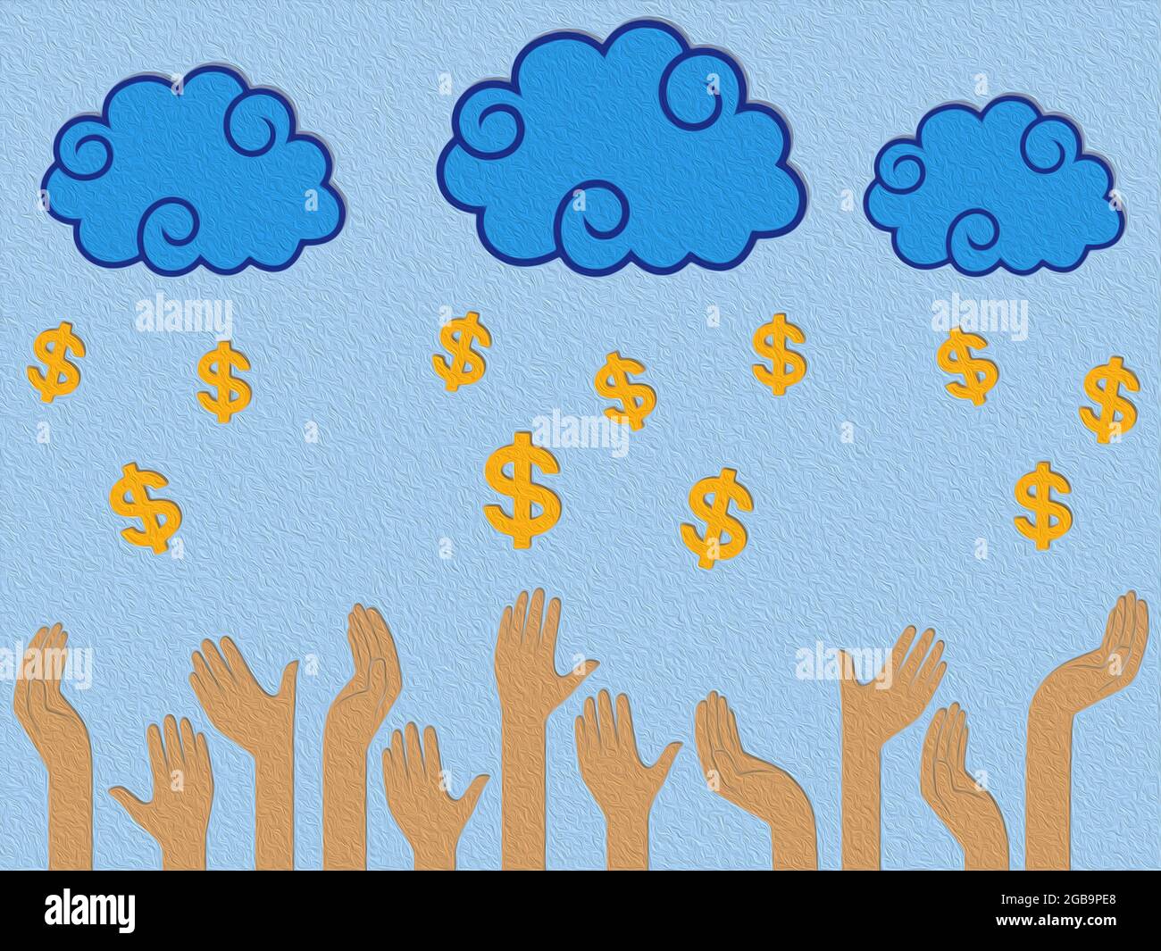Dollargeld fällt aus den Wolken in den menschlichen Händen, stilisierte konzeptuelle, bunte Illustration Stockfoto