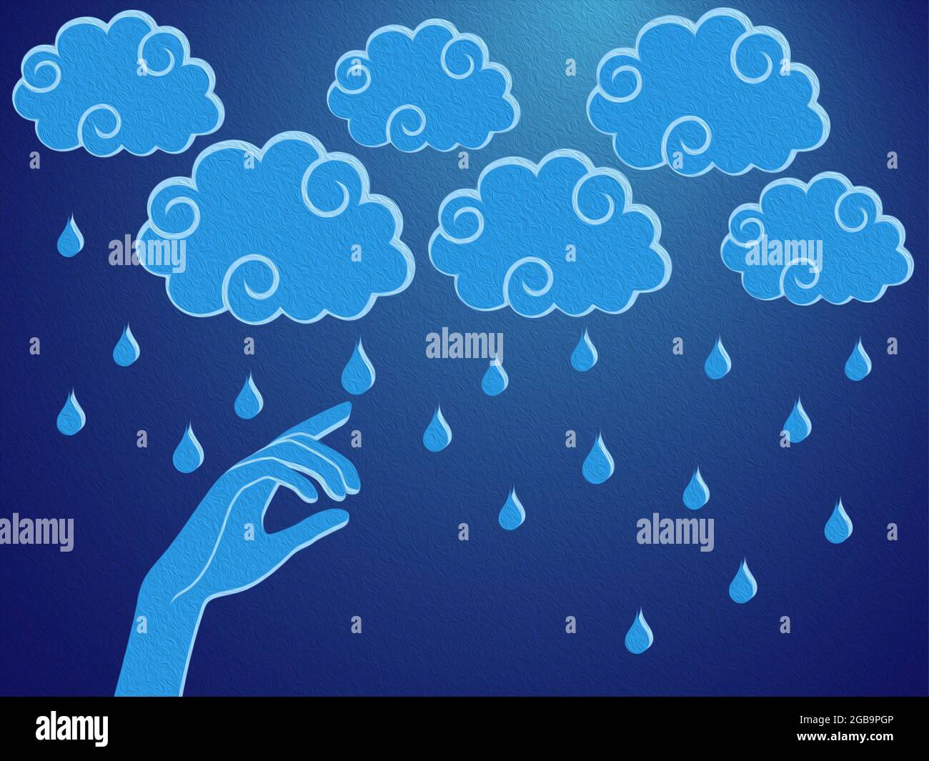 Menschliche Hand berührt einen regen Tröpfchen, stilisierte konzeptuelle bunte Illustration Stockfoto