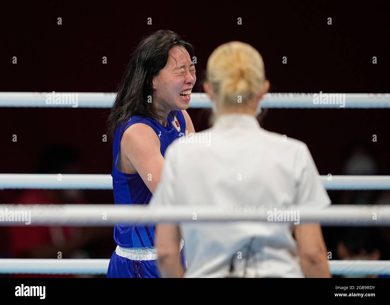 3. August 2021: Sena Irie aus Japan, nachdem sie bei den Olympischen Spielen in Tokio in der Kokugikan Arena, Tokio, Gold gewonnen hatte. Kim Price/CSM Stockfoto