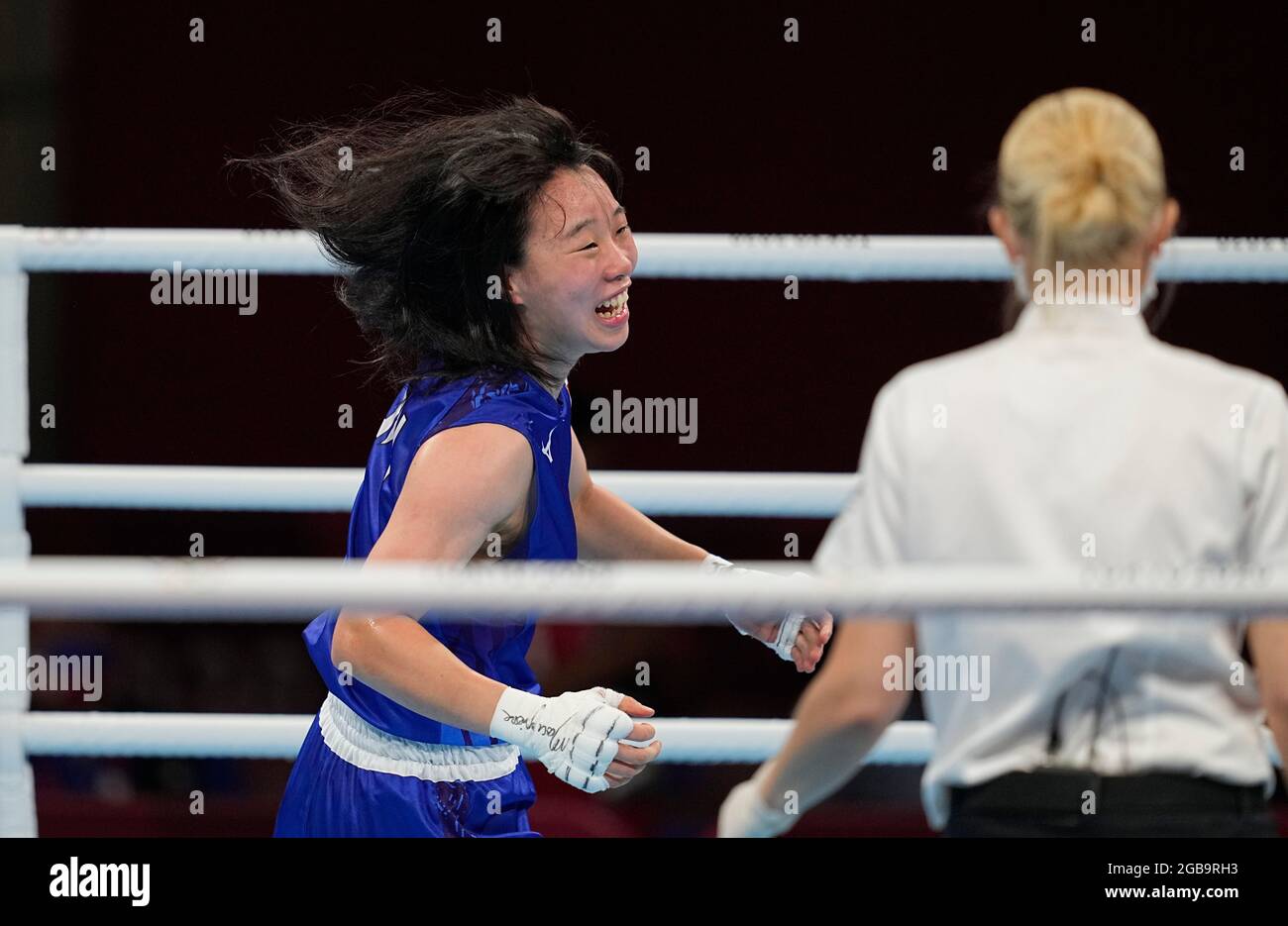 3. August 2021: Sena Irie aus Japan, nachdem sie bei den Olympischen Spielen in Tokio in der Kokugikan Arena, Tokio, Gold gewonnen hatte. Kim Price/CSM Stockfoto