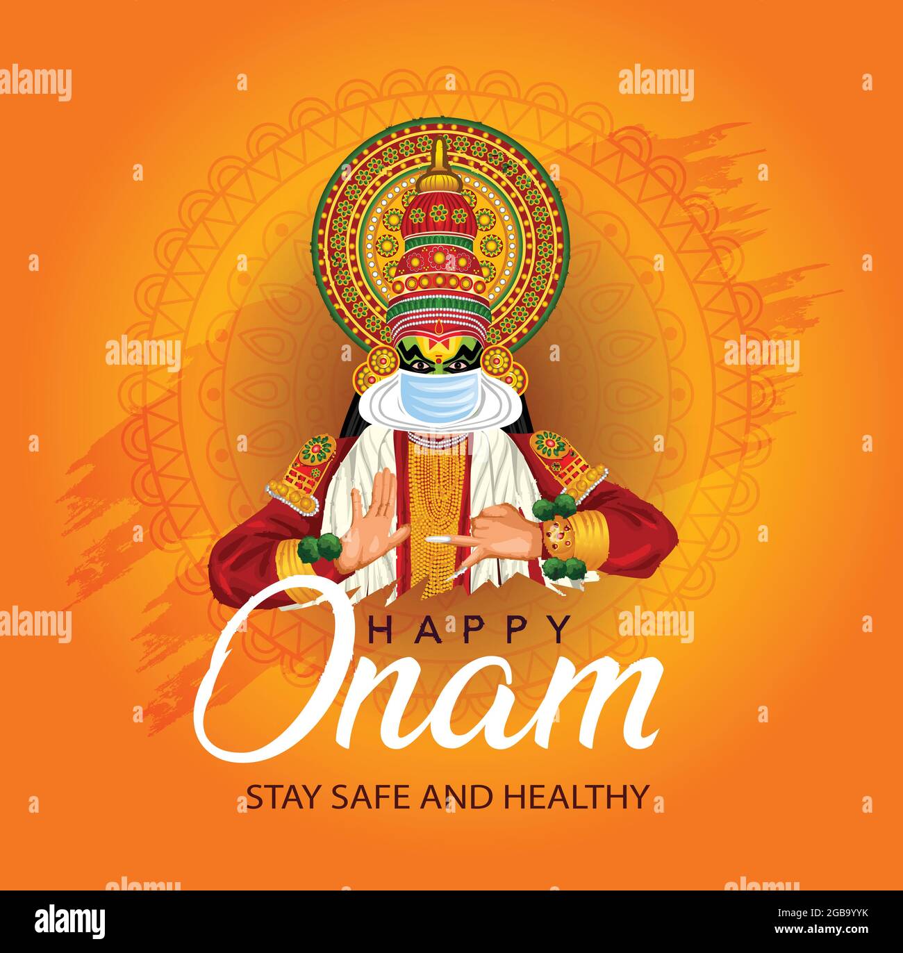 Happy onam mit kathakali trägt Gesichtsmaske, Verwendung für Poster, Broschüre, Banner. Covid-19, Corona-Virus-Konzept Stock Vektor
