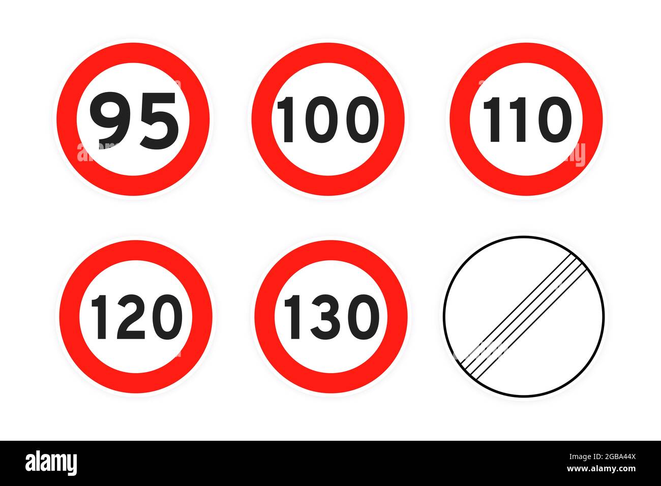 Geschwindigkeitsbegrenzung 95, 100, 110, 120, 130, Runde Straßenverkehrssymbol Schild flaches Design Vektor Illustration Set isoliert auf weißem Hintergrund. Runde Standa Stock Vektor