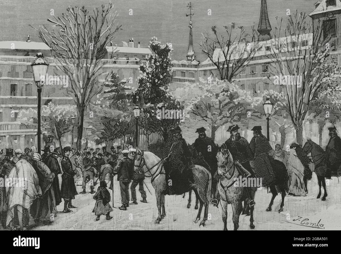 Spanien, Madrid. Reinigung der öffentlichen Straße nach dem Schneefall. Plaza Mayor, 12. Dezember 1882. Zeichnung von Juan Comba. Gravur. La Ilustración Española y Americana, 15. Dezember 1882. Stockfoto
