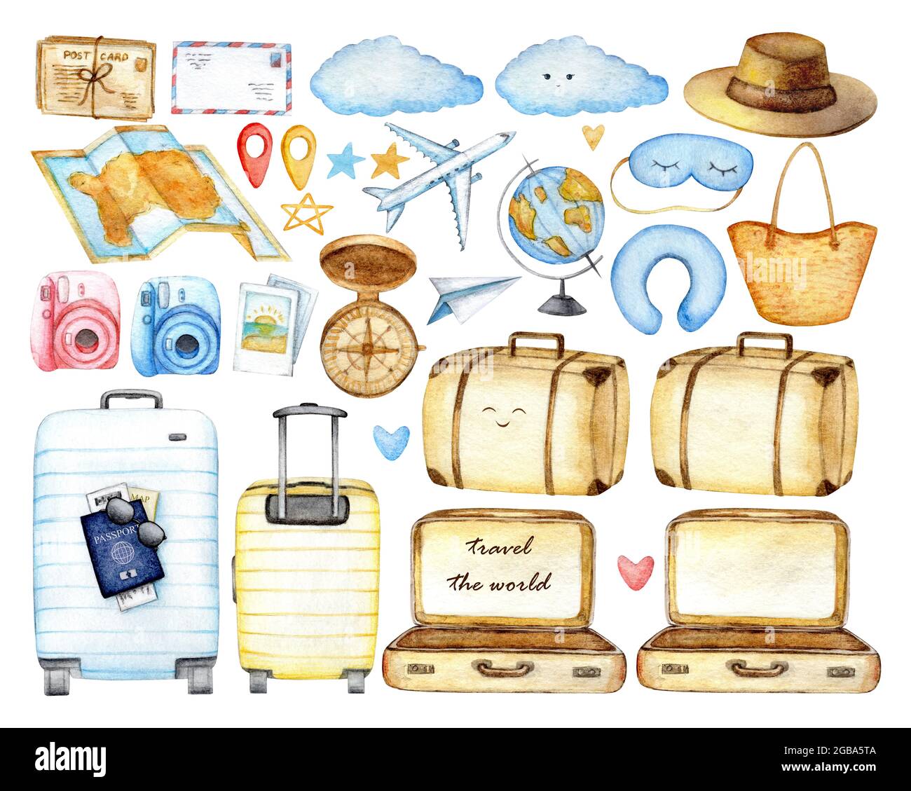 Reise-Set von Symbolen mit Flugzeug, dem Globus, Koffer, Schlafmaske, Kamera, Urlaub und Erholung. Aquarell-Handzeichentillustration für den Tourismus-Tag auf weißem, isoliertem Hintergrund. Instagram-Symbole Stockfoto