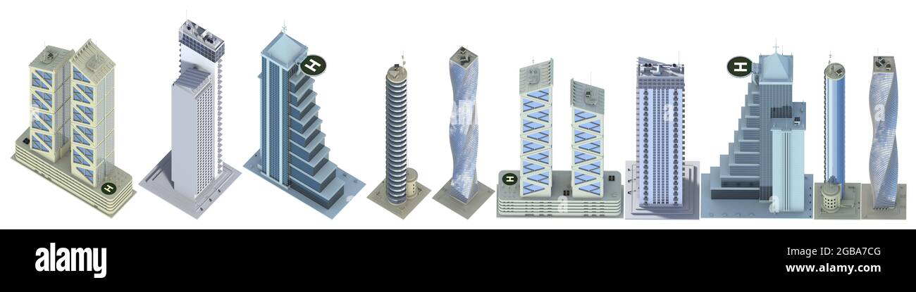 10 Vogelperspektive sehr detaillierte Darstellungen von fiktionalen Design kommerziellen Wolkenkratzern mit blauen Himmelsreflexen - isolierte, 3d-Illustration von Architektur Stockfoto