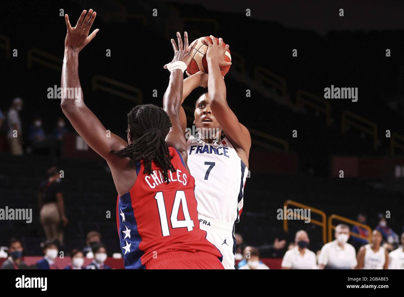 Sandrine GRUDA (7) aus Frankreich während der Olympischen Spiele Tokio 2020, Basketball-Frauen-Vorrunde Gruppe B zwischen Frankreich und den USA am 2. August 2021 in der Saitama Super Arena in Tokio, Japan - Foto Ann-Dee Lamour / CDP MEDIA / DPPI Stockfoto