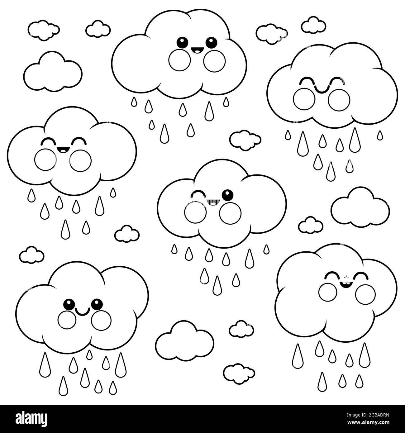 Set aus niedlichen Wolkenfiguren und Regen. Lustige glückliche, lächelnde Wolken. Seite mit Schwarzweiß-Malbuch Stockfoto