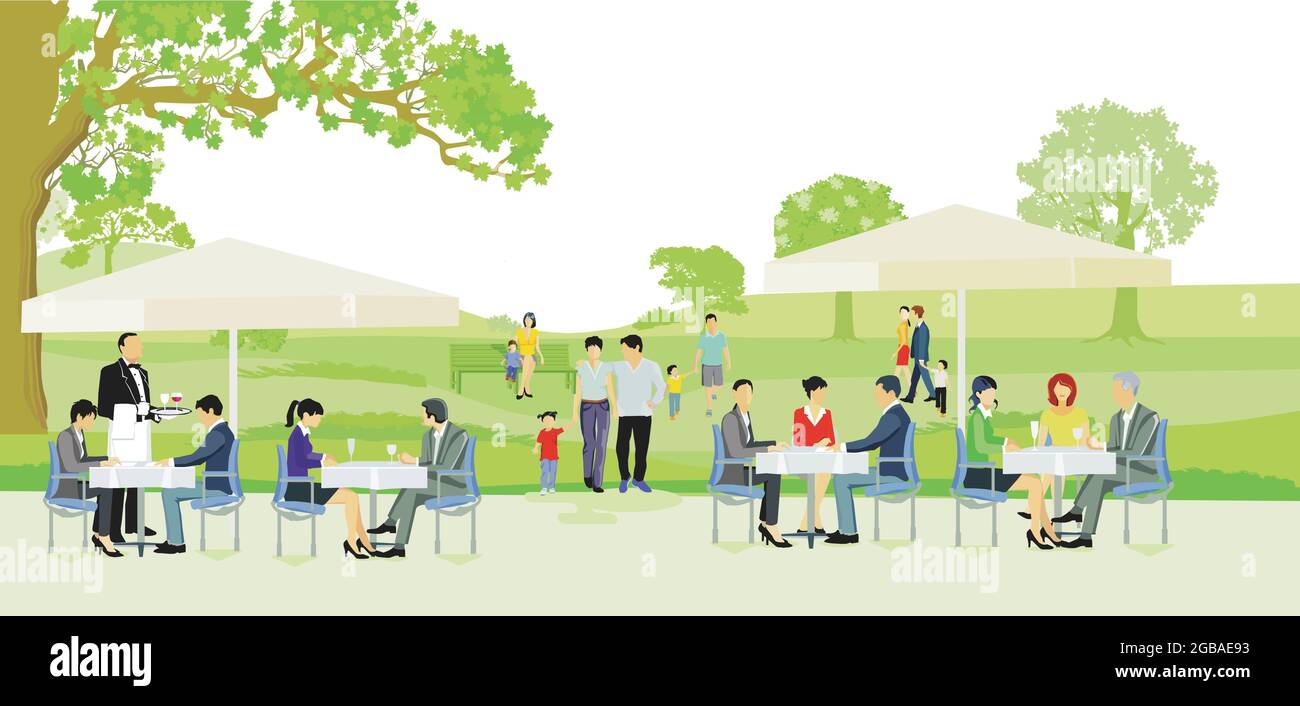 Menschen sitzen vor einem Restaurant und Café in der Natur Illustration Stock Vektor