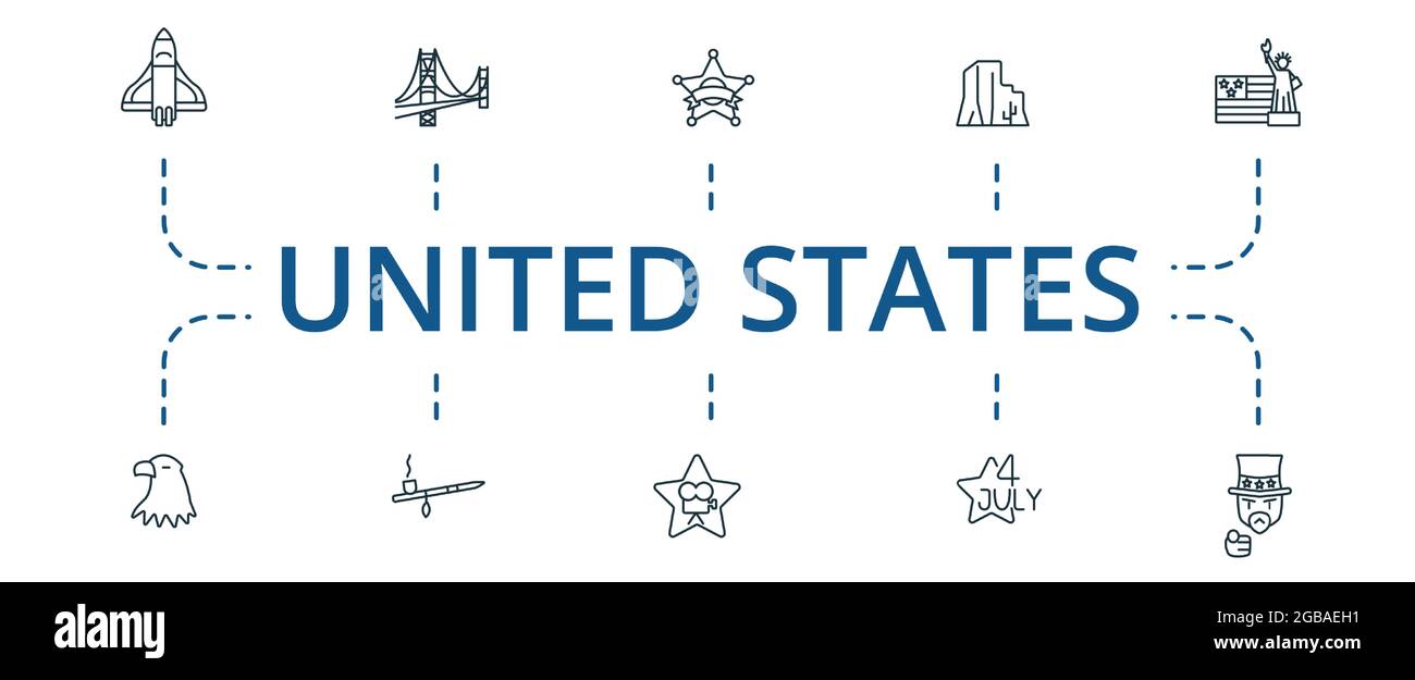 USA-Symbolsatz. Enthält editierbare Symbole usa Thema wie die Freiheitsstatue, Wappen von amerika, american Football und mehr. Stock Vektor