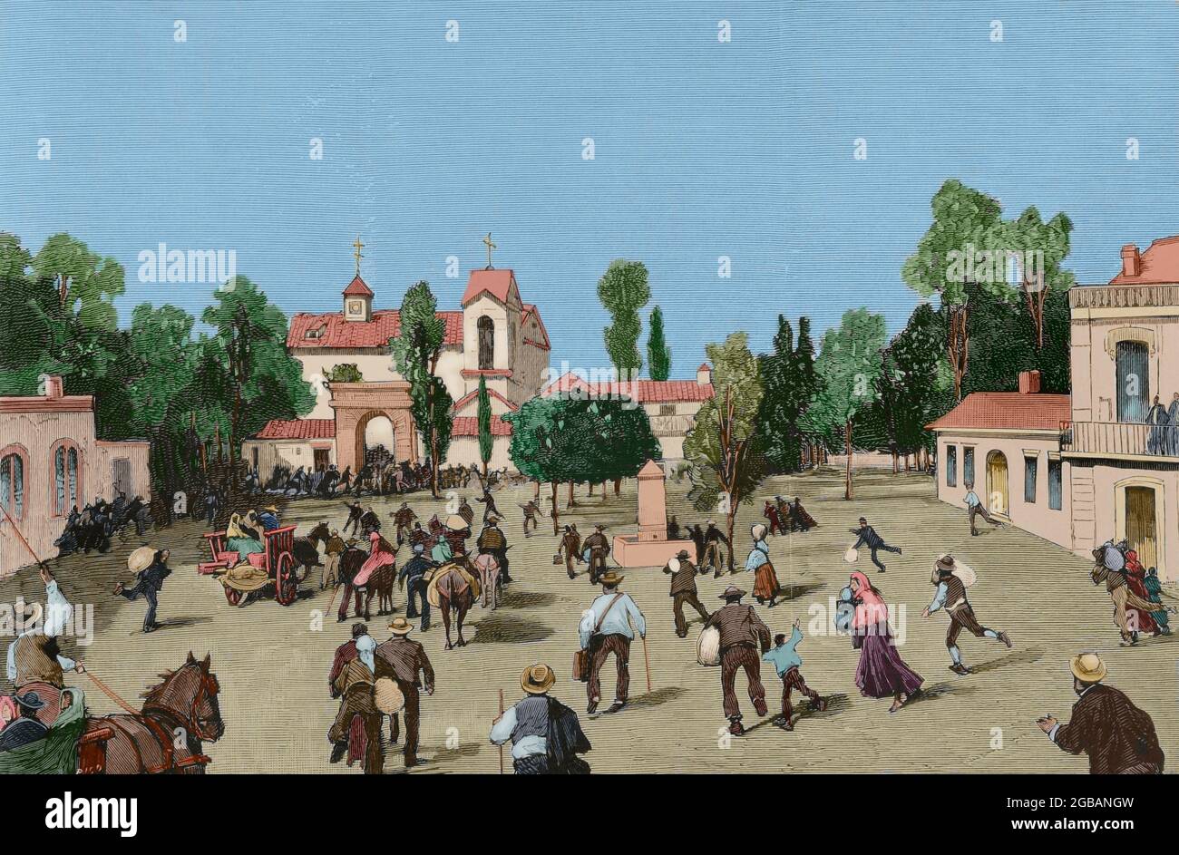 Während des zweiten Drittels des 19. Jahrhunderts gingen viele Europäer, um ihr Schicksal in Nordalgerien zu machen. Am 11. Juni 1881 griffen die Männer von Bu-Amena die Bauern an, was unter den europäischen Emigranten Panik auslöste, indem sie durch die Städte im Landesinneren von Tunesien und Algerien reisten und heiligen Krieg predigten. Viele kehrten in ihre Herkunftsländer zurück. Algerien, Saida (Region Oran). Panik über die europäischen Einwohner, als die Siedler, die den Massaker von Kharfaffah entkommen konnten, ankamen. Stich von Bernardo Rico y Ortega (1825-1894). Spätere Färbung. La Ilustración Española y Americana, 1881. Stockfoto