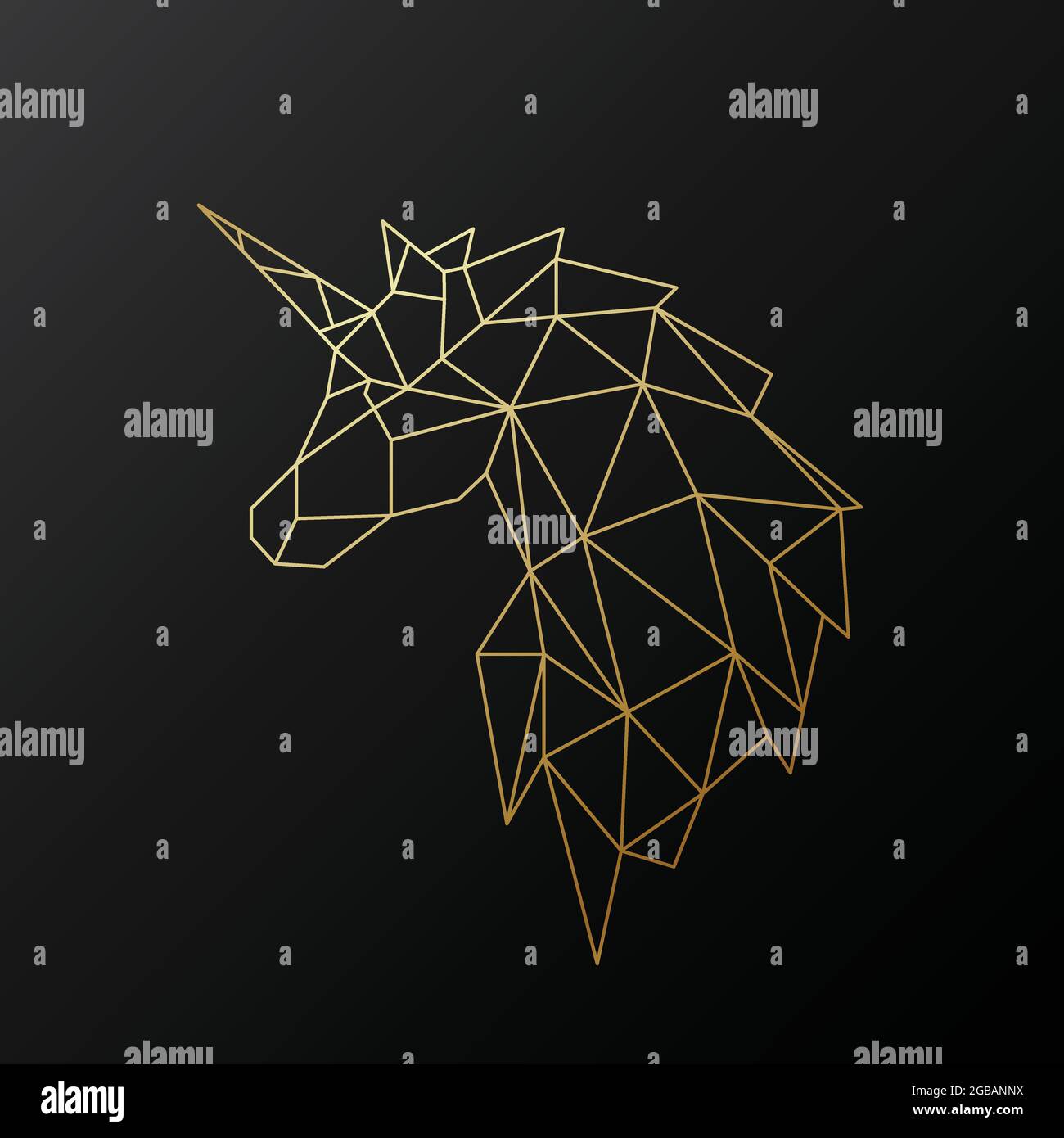 Goldene polygonale Einhorn-Illustration isoliert auf schwarzem Hintergrund. Geometrisches Tieremblem. Vektorgrafik. Stock Vektor