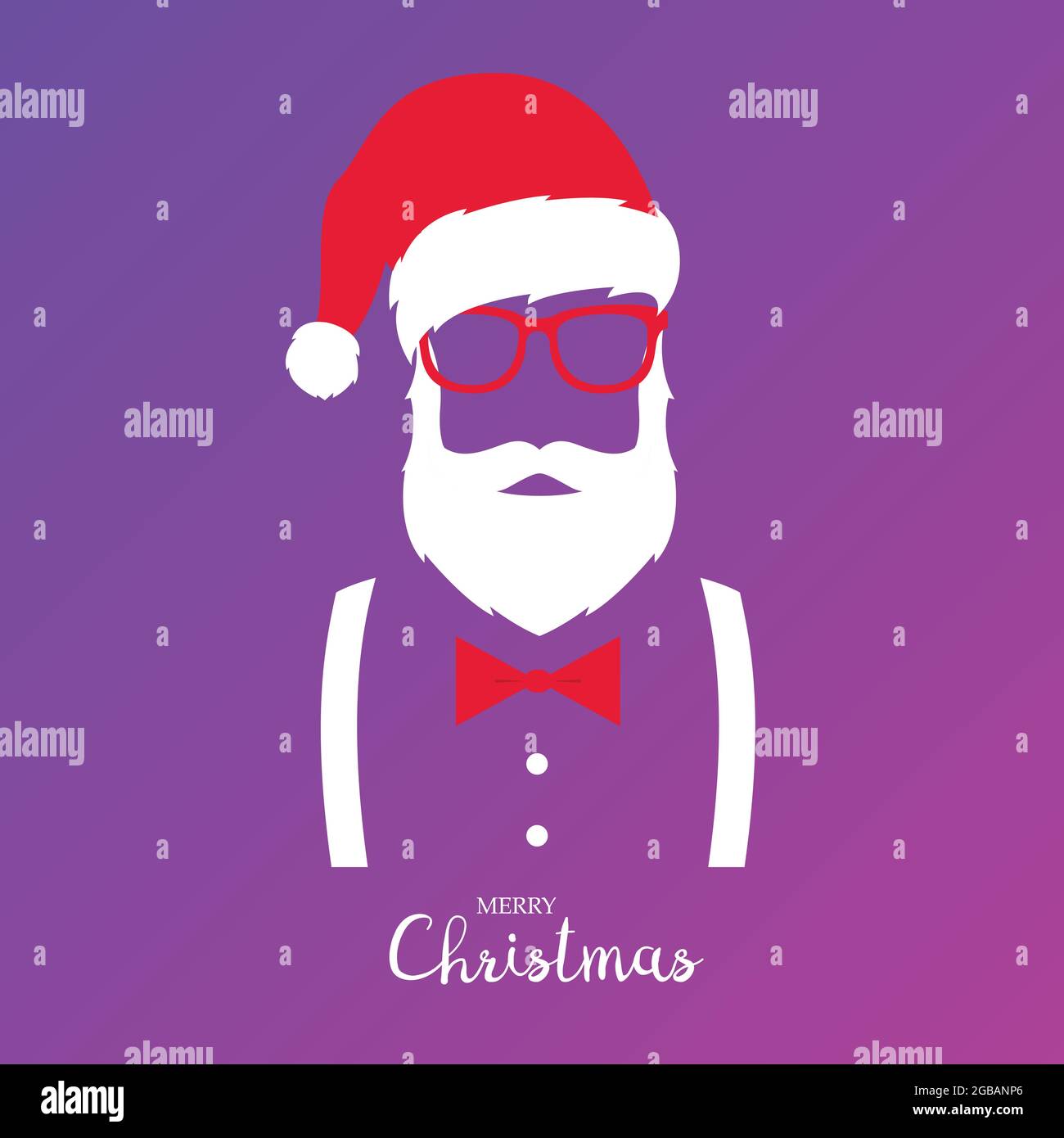 Hipster Santa Claus. Frohe Weihnachten und Frohes neues Jahr. Weihnachtsmann mit Hut, Brille Hosenträger und Fliege. Stock Vektor