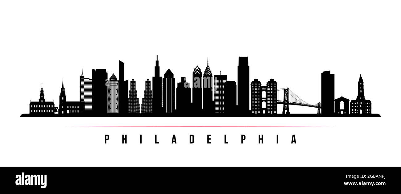 Horizontales Banner der Skyline von Philadelphia. Schwarz-weiße Silhouette von Philadelphia. Vektorvorlage für Ihr Design. Stock Vektor