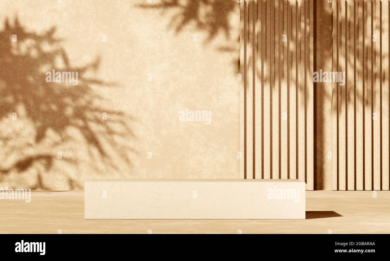 3D beige Beton Podium Display mit Lichtern und Pflanzen Schatten Stockfoto
