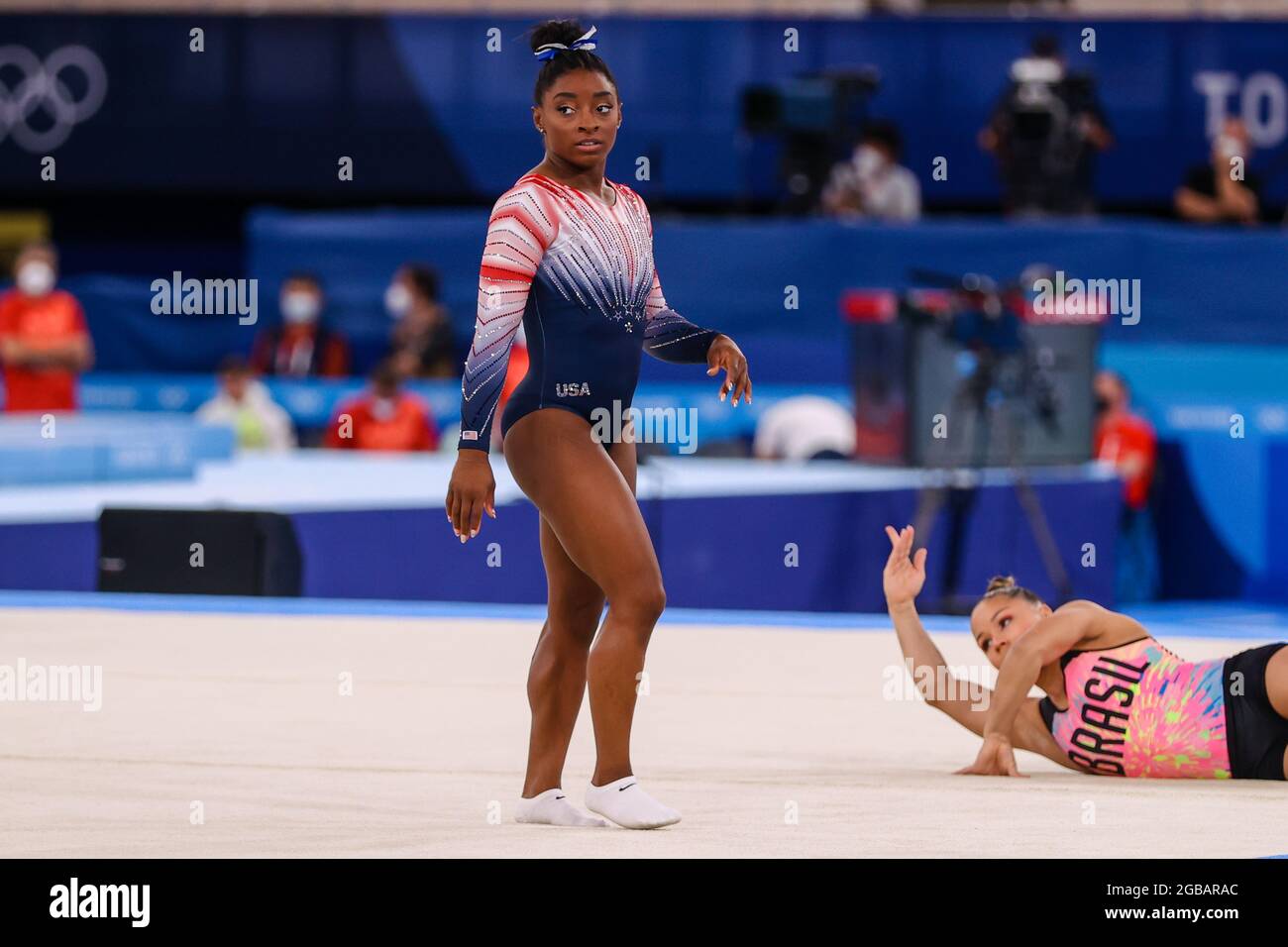 Tokio, Japan. August 2021. TOKIO, JAPAN - 3. AUGUST: Simone Biles aus den Vereinigten Staaten von Amerika tritt während der Olympischen Spiele 2020 in Tokio am 3. August 2021 im Ariake Gymnastik Center in Tokio (Foto von Iris van den Broek/Orange Picics) im Wettstreit mit dem Frauen-Gleichgewichtsstrahl an (Orange Pics BV/Alamy Live News) Stockfoto